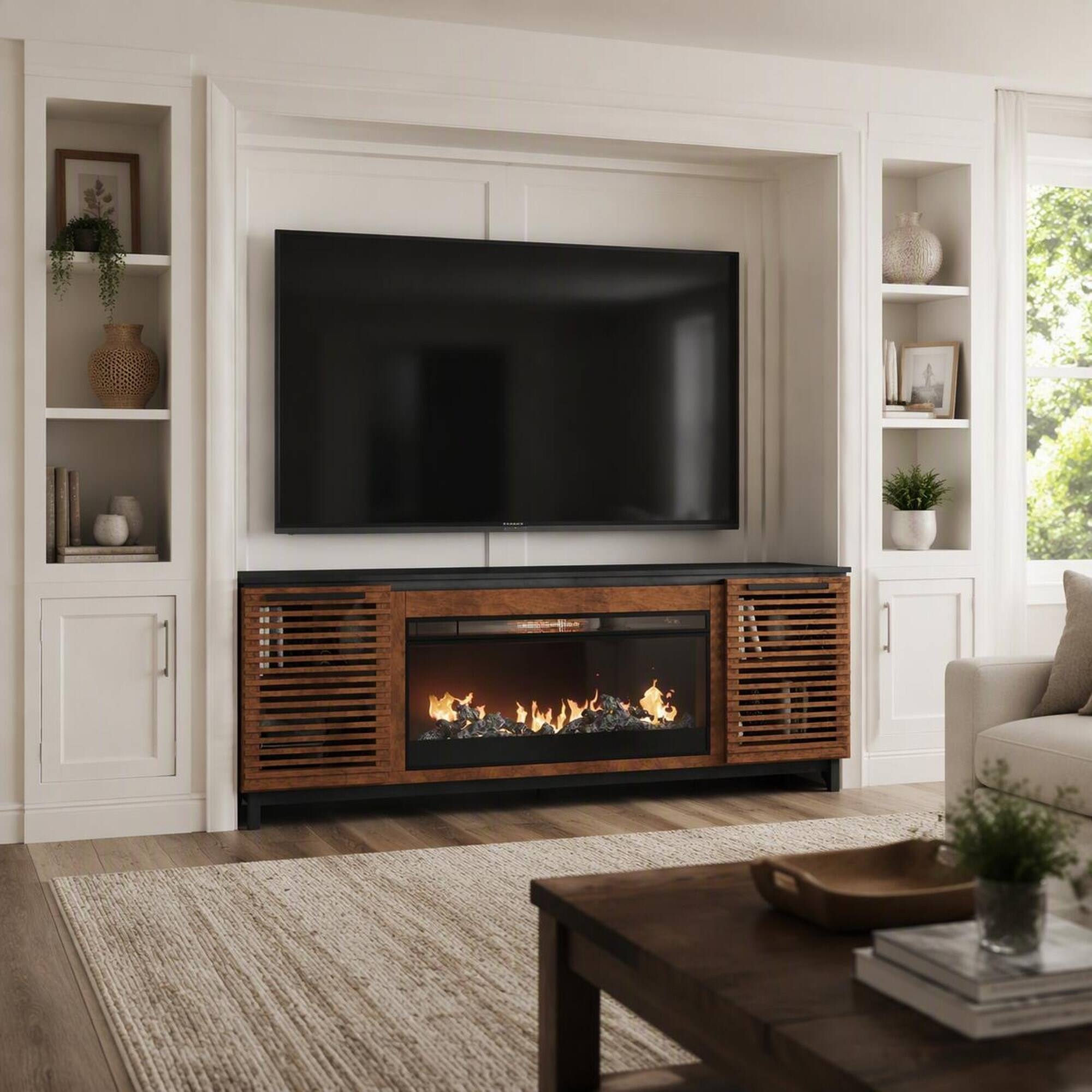 Front. RYHNUYNE - 86 Inch Modern Fireplace TV Stand, Fits Up To 95 Inch TVs For Contemporary Living Room Media Storage Decor - Brown.