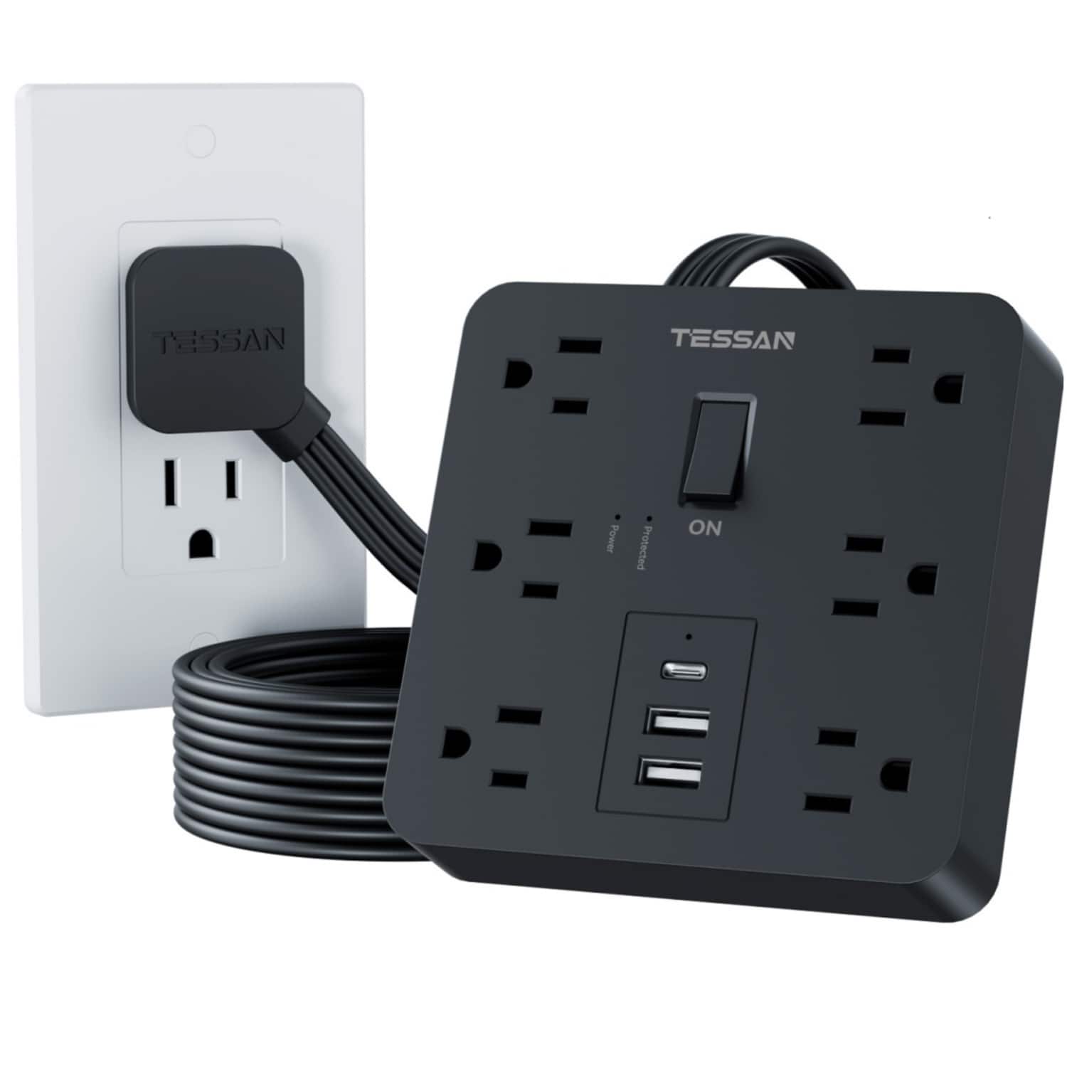 TESSAN - 1700J Protection Flat Plug Extension 5 Ft Surge Protector Power Strip with 6 Outlets and 3 USB Ports ( 1USB-C ) - Black