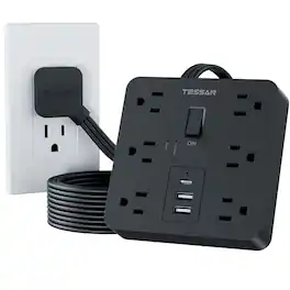 TESSAN - 1700J Protection Flat Plug Extension 5 Ft Surge Protector Power Strip with 6 Outlets and 3 USB Ports ( 1USB-C ) - Black
