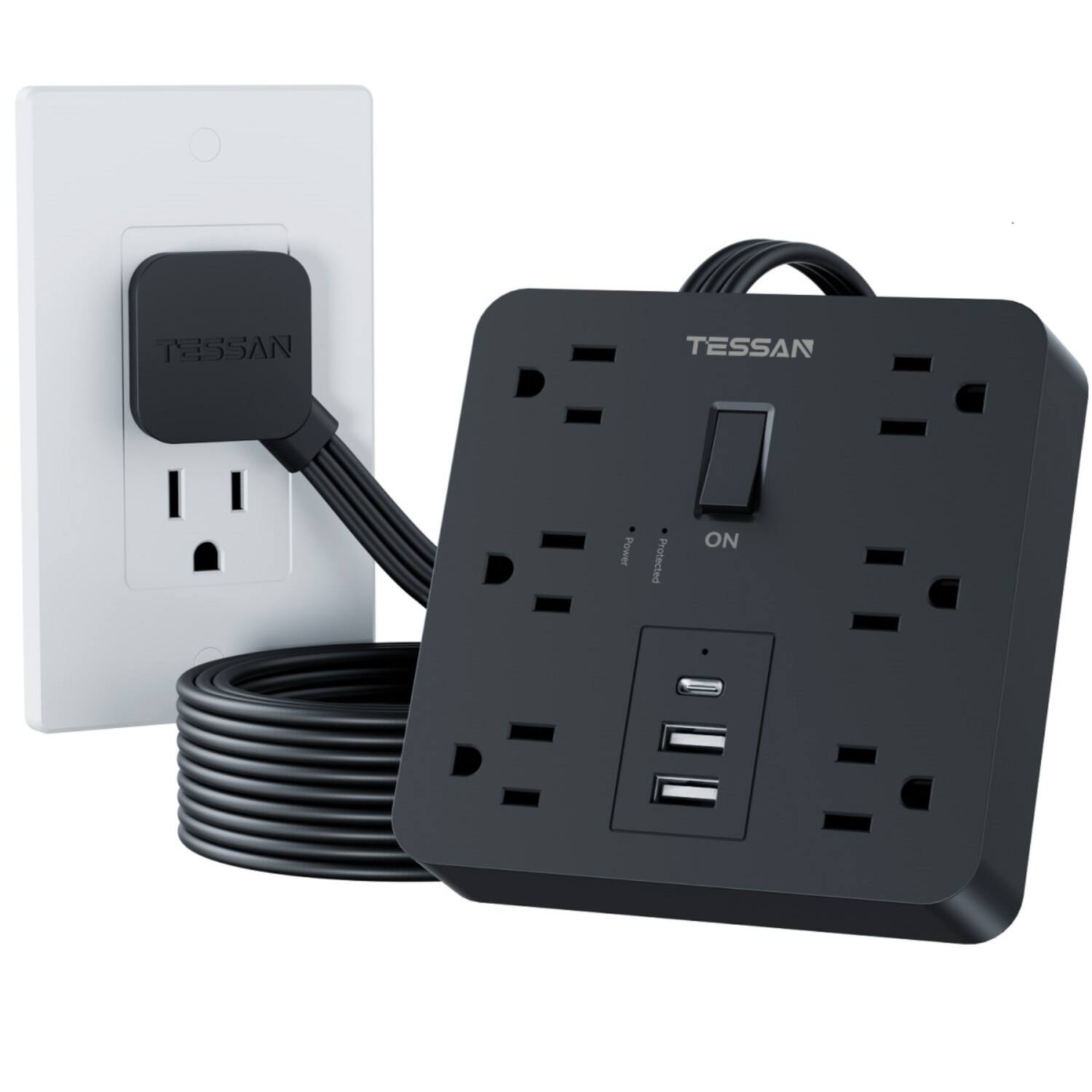 TESSAN - 1700J Protection Flat Plug Extension 5 Ft Surge Protector Power Strip with 6 Outlets and 3 USB Ports ( 1USB-C ) - Black