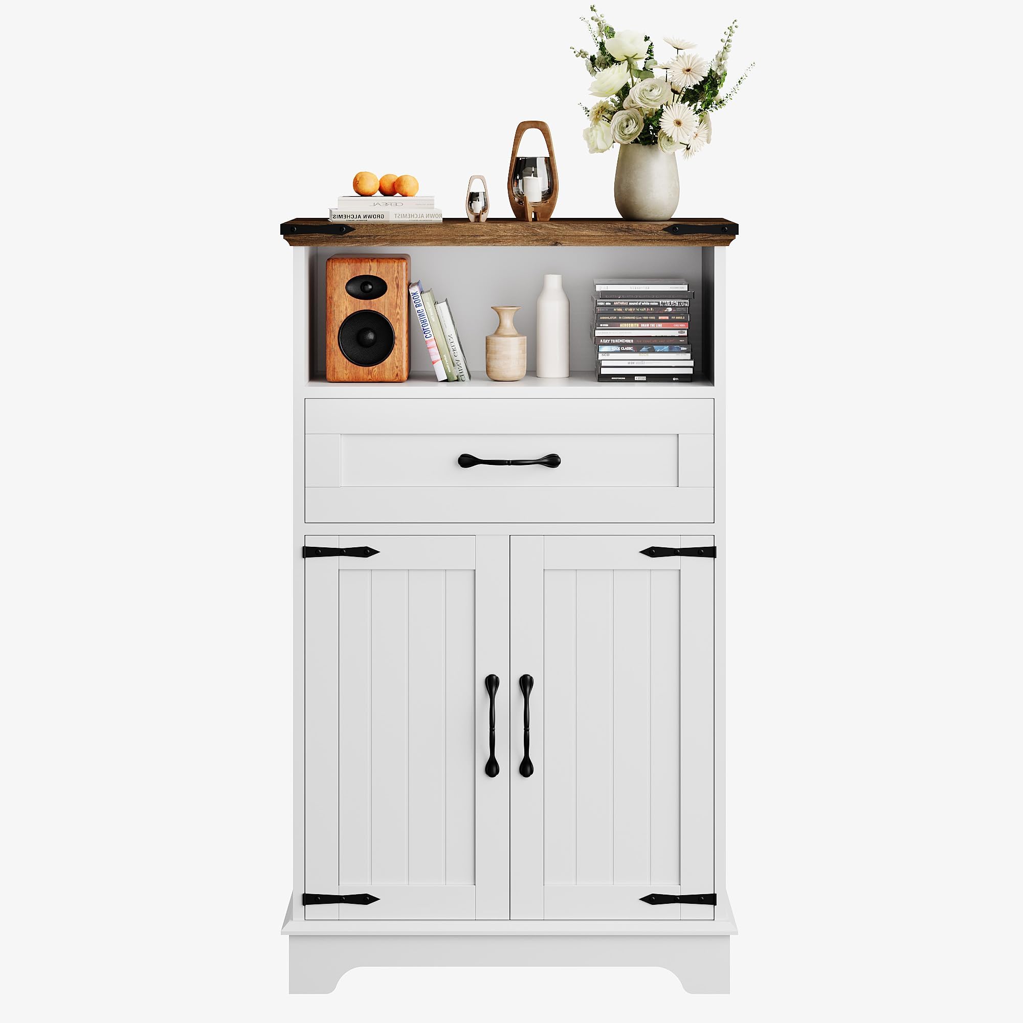 Acekool - Farmhouse Black Storage Cabinet with Doors and Drawers, Freestanding Bathroom Cabinet - White