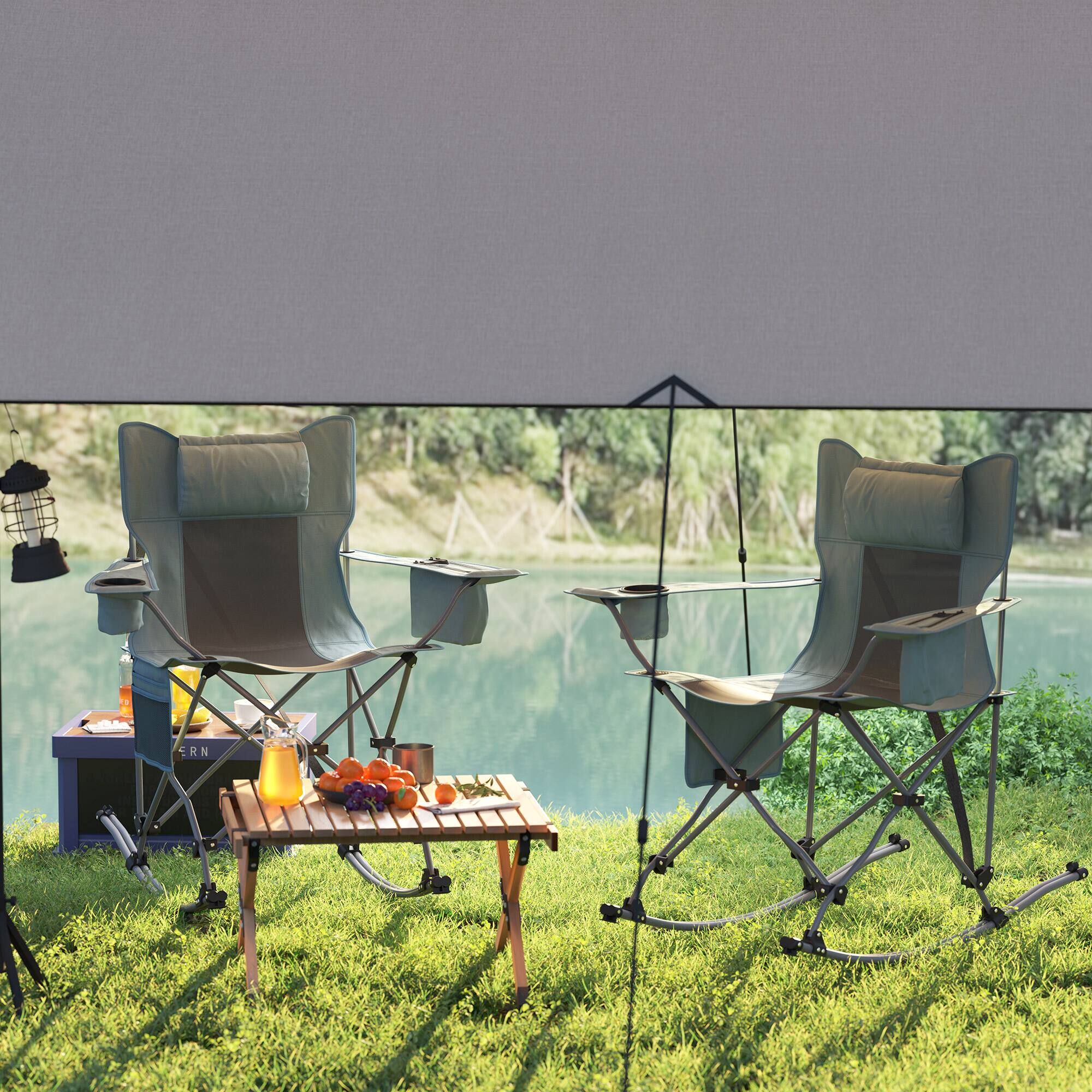 Alt View 8. Outsunny - Folding Rocking Camping Chairs for Adults, Portable Outdoor Rocking Chairs with Headrest, Cooler Bag, Cup Holder - Gray.