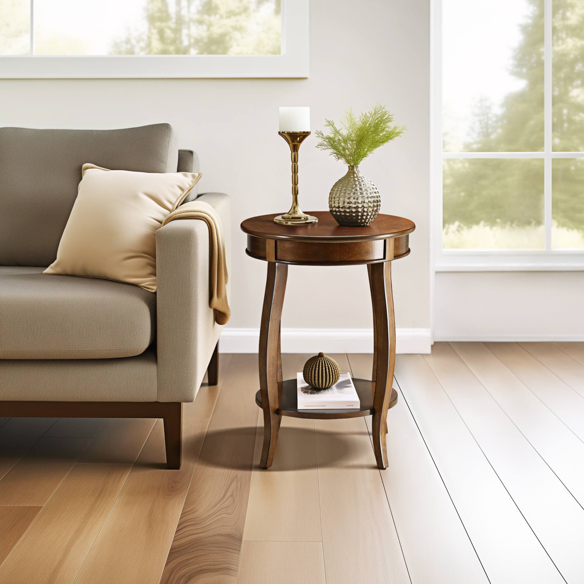 Alt View 1. GOODSILO - Elegant Teal Finish Round Accent Table with Cabriole Legs and Bottom Storage Shelf for Living Room Decor - Walnut.