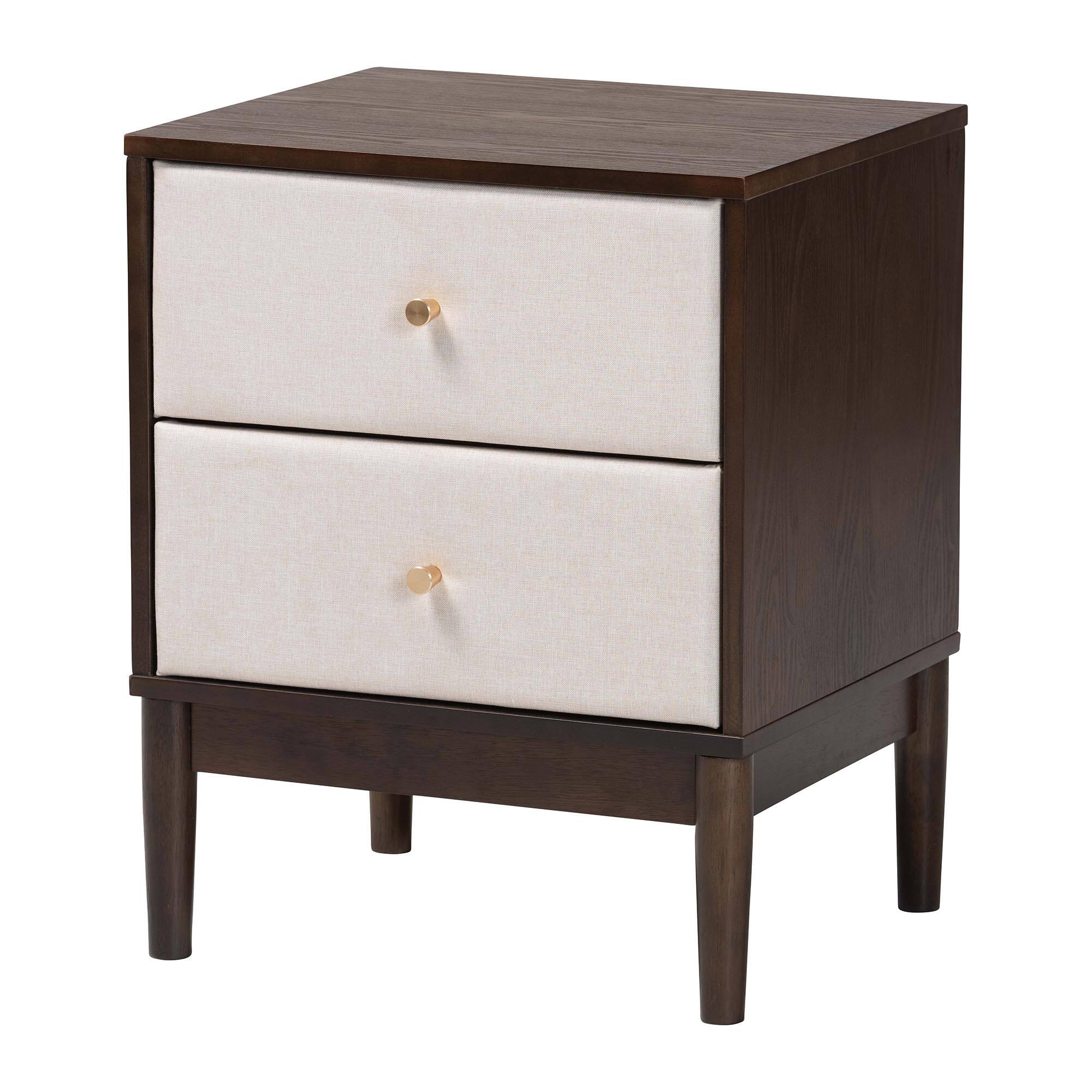 Front. Baxton Studio - Nikolai Mid-Century Fabric and Wenge Brown Wood 2-Drawer Nightstand - Beige/Wenge Brown.