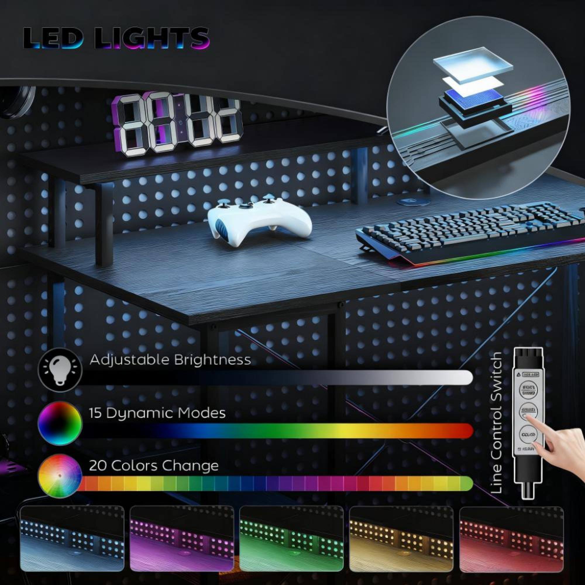 LED Lights  
Adjustable Brightness  
15 Dynamic Modes  
20 Colors Change  
Line Control Switch