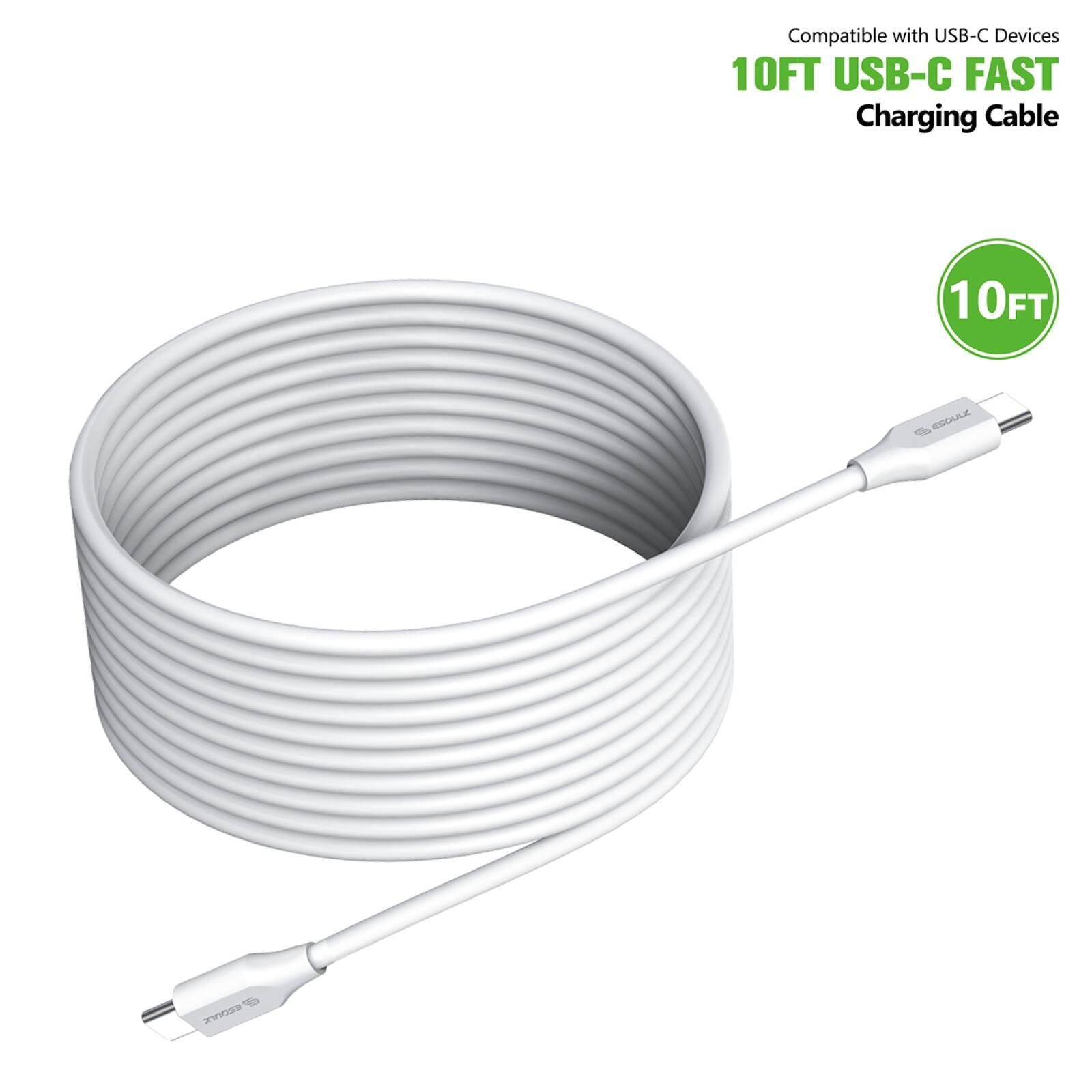 Esoulk - 10' 60W USB-C Charger Cable iPhone 17 Pro Max iPad Macbook Samsung Fast Charging with 480 MBps Data Sync - White