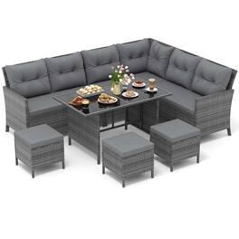 Costway - 7 PCS Patio Dining Furniture Set PE Rattan Sectional Sofa Set with Soft Cushions - Mix Gray,Gray