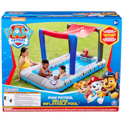 Sure, here is the corrected and grouped text from the image:
---
**Nickelodeon PAW PATROL**
**3+**
**PAW PATROL DELUXE INFLATABLE POOL™**
**SPRINKLER**
Sprays water for fun!
Un arrosoir super amusant!
El rociador para disfrutar con las salpicaduras!
Esparece agua para divertirse con las salpicaduras!
**SwimWays**
**WARNING!**
Children have drowned in portable swimming pools. Ensure active adult supervision at all times. Do not leave children unsupervised in or around the pool - keep them within arm's reach. Empty and store safely after use.
**AVERTISSEMENT**
Attention! Les enfants ont noyé dans les piscines portatives. Assurez une surveillance active des adultes à tout moment. Ne laissez pas les enfants sans surveillance dans ou autour de la piscine - gardez-les à portée de main. Vider et ranger en toute sécurité après utilisation.
**ADVERTENCIA**
¡Advertencia! Los niños han ahogado en piscinas portátiles. Asegúrese de tener superv