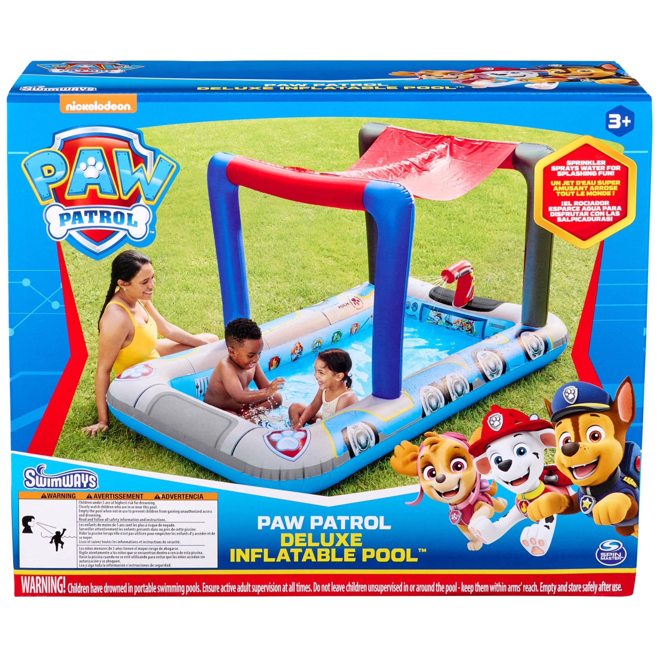 Sure, here is the corrected and grouped text from the image:

---

**Nickelodeon PAW PATROL**

**3+**

**PAW PATROL DELUXE INFLATABLE POOL™**

**SPRINKLER**  
Sprays water for fun!  
Un arrosoir super amusant!  
El rociador para disfrutar con las salpicaduras!  
Esparece agua para divertirse con las salpicaduras!

**SwimWays**

**WARNING!**  
Children have drowned in portable swimming pools. Ensure active adult supervision at all times. Do not leave children unsupervised in or around the pool - keep them within arm's reach. Empty and store safely after use.

**AVERTISSEMENT**  
Attention! Les enfants ont noyé dans les piscines portatives. Assurez une surveillance active des adultes à tout moment. Ne laissez pas les enfants sans surveillance dans ou autour de la piscine - gardez-les à portée de main. Vider et ranger en toute sécurité après utilisation.

**ADVERTENCIA**  
¡Advertencia! Los niños han ahogado en piscinas portátiles. Asegúrese de tener superv