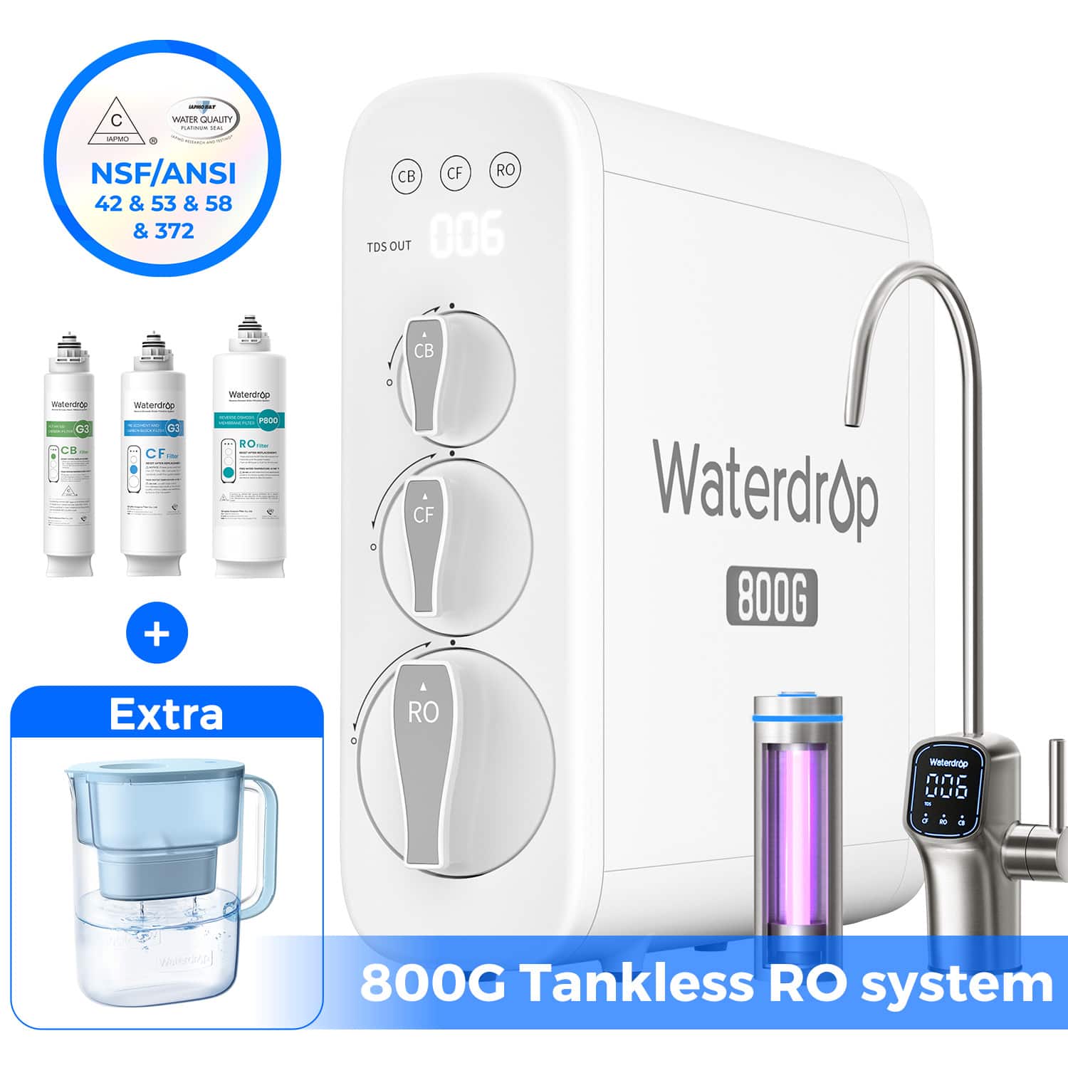 Waterdrop - G3P800 Reverse Osmosis System Extra WD-PT-07B Water Filter Pitcher - White
