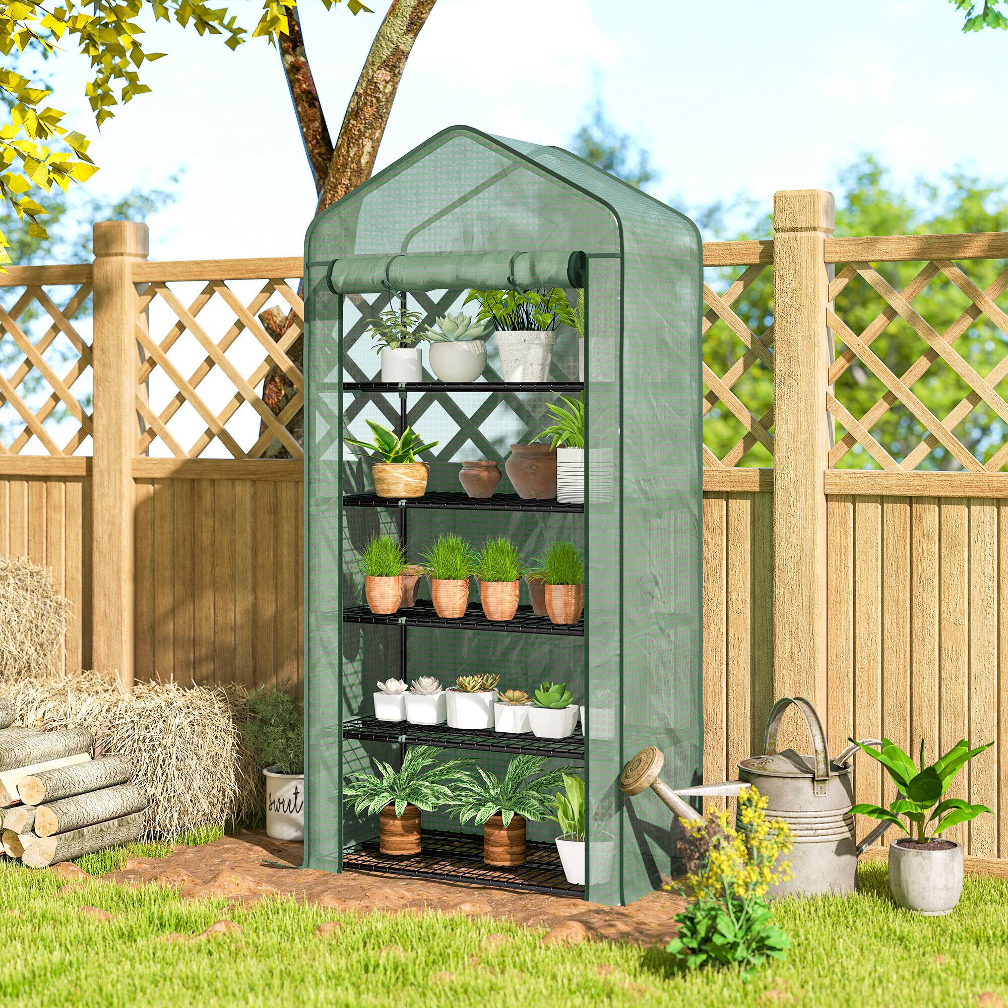 Alt View 8. Outsunny - 5 Tier Mini Greenhouse, 76" x 35.4" x 19.3" Small Portable Greenhouse with Reinforced PE Cover, Roll-Up Zippered Door.