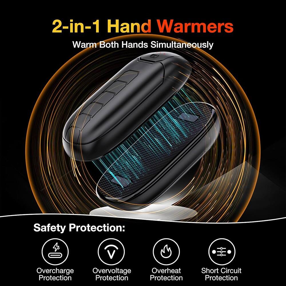 2-in-1 Hand Warmers  
Warm Both Hands Simultaneously  

Safety Protection:  
- Overcharge Protection  
- Overvoltage Protection  
- Overheat Protection  
- Short Circuit Protection