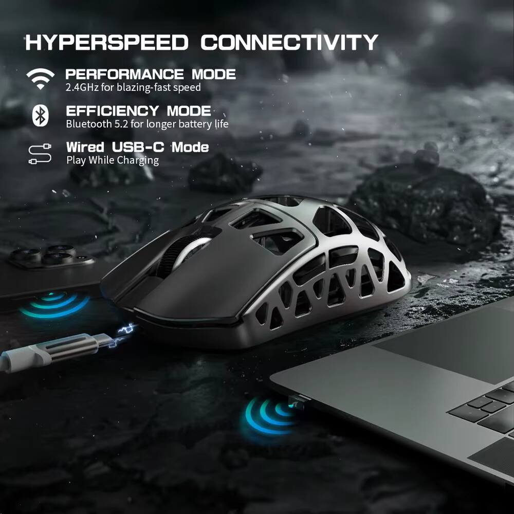 HYPERSPEED CONNECTIVITY

- PERFORMANCE MODE
  2.4GHz for blazing-fast speed

- EFFICIENCY MODE
  Bluetooth 5.2 for longer battery life

- Wired USB-C Mode
  Play While Charging