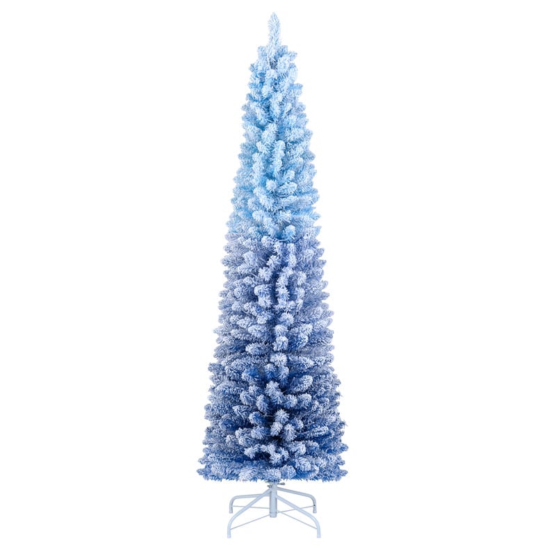 WELLFOR - 6ft Prelit Snow‑Flocked Artificial Pencil Christmas Tree with Warm White Lights, 435 Full Branch Tips - Blue & White