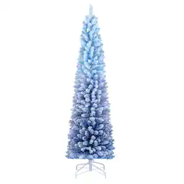WELLFOR - 6ft Prelit Snow‑Flocked Artificial Pencil Christmas Tree with Warm White Lights, 435 Full Branch Tips - Blue & White