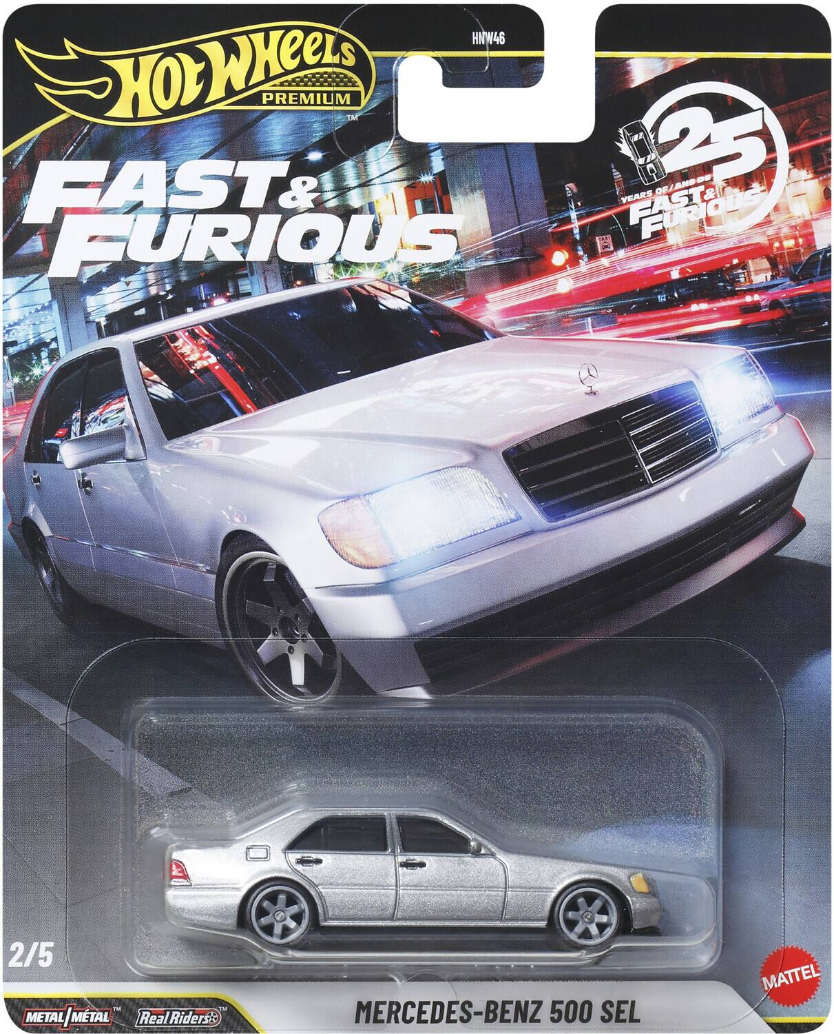 Hot Wheels Premium  
Fast & Furious  
25 Years of Fast & Furious  
Mercedes-Benz 500 SEL  
2/5  
Metal | Real Riders  
Mattel