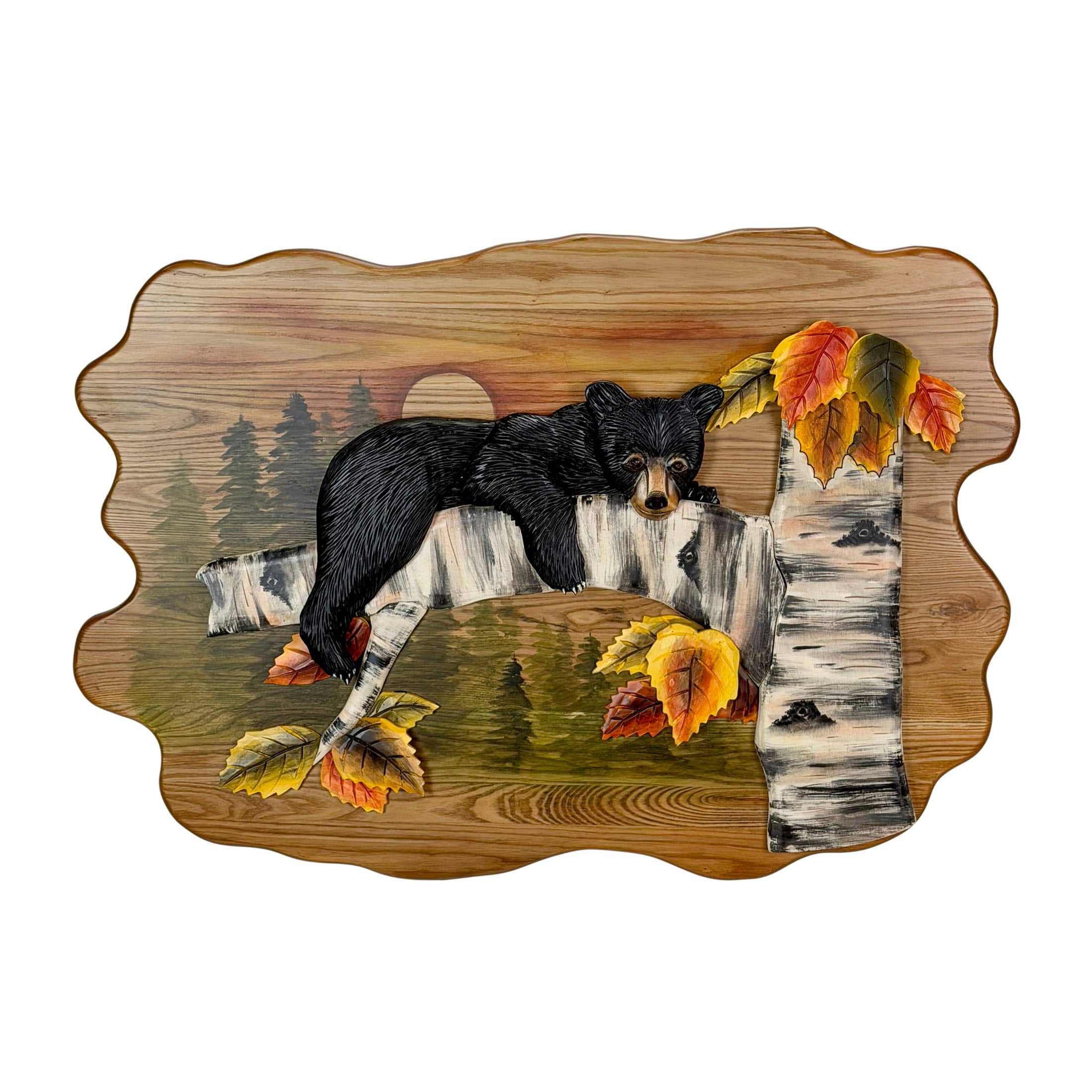 Zeckos - Bear Cub in Birch Forest Wood Wall Sculpture 24x34.5 Glossy Indoor Decor - Brown