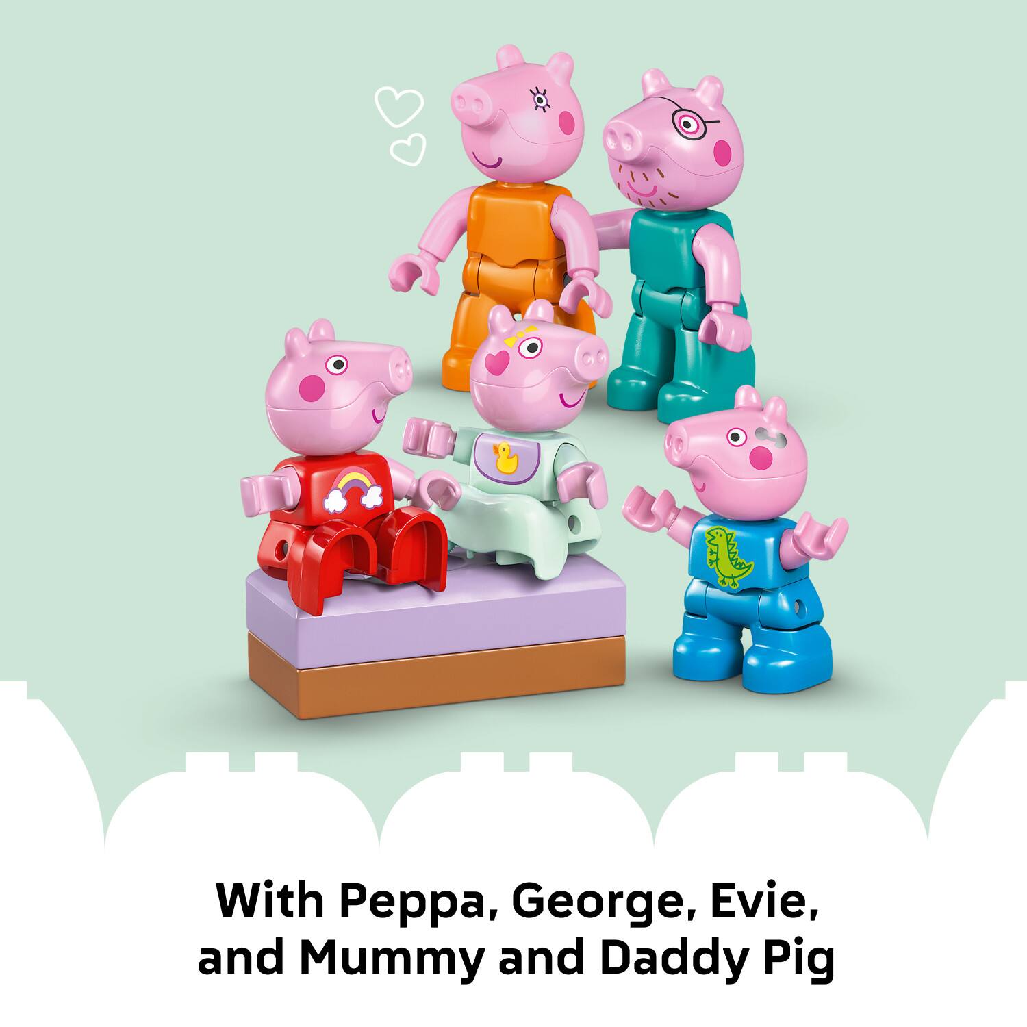 With Peppa, George, Evie, and Mummy and Daddy Pig