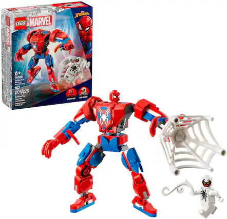 The image features a Lego Marvel Spider-Man Mech, which is a toy set designed for children aged 6 and up. The set includes a Spider-Man figure and a Spider-Man Mech, as well as a Spider-Man web and a Spider-Man spider. The toy set is made up of 107 pieces, and the box it comes in is blue. The Spider-Man Mech is a robotic figure that can be built and played with by children, providing them with an exciting and engaging play experience.