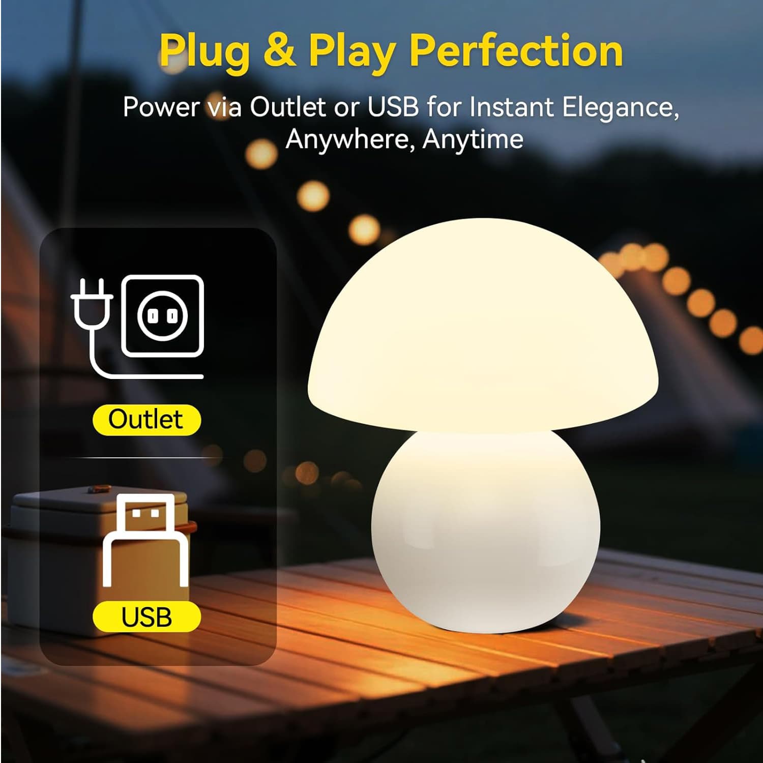 Plug & Play Perfection  
Power via Outlet or USB for Instant Elegance, Anywhere, Anytime  

Outlet  
USB