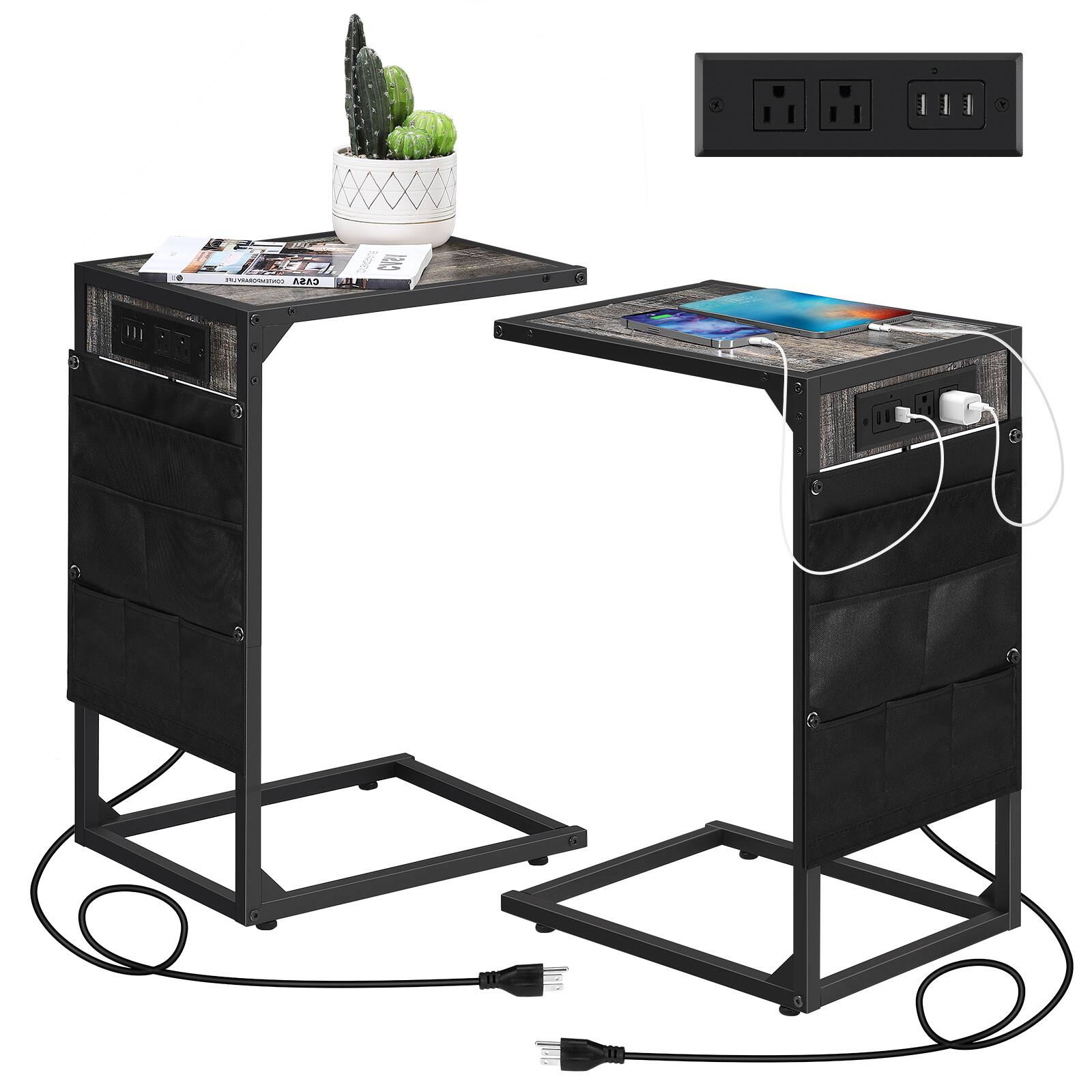 Oumilen - C-Shaped End Table with Charging Station and Storage Pockets (Set of 2) - Gray