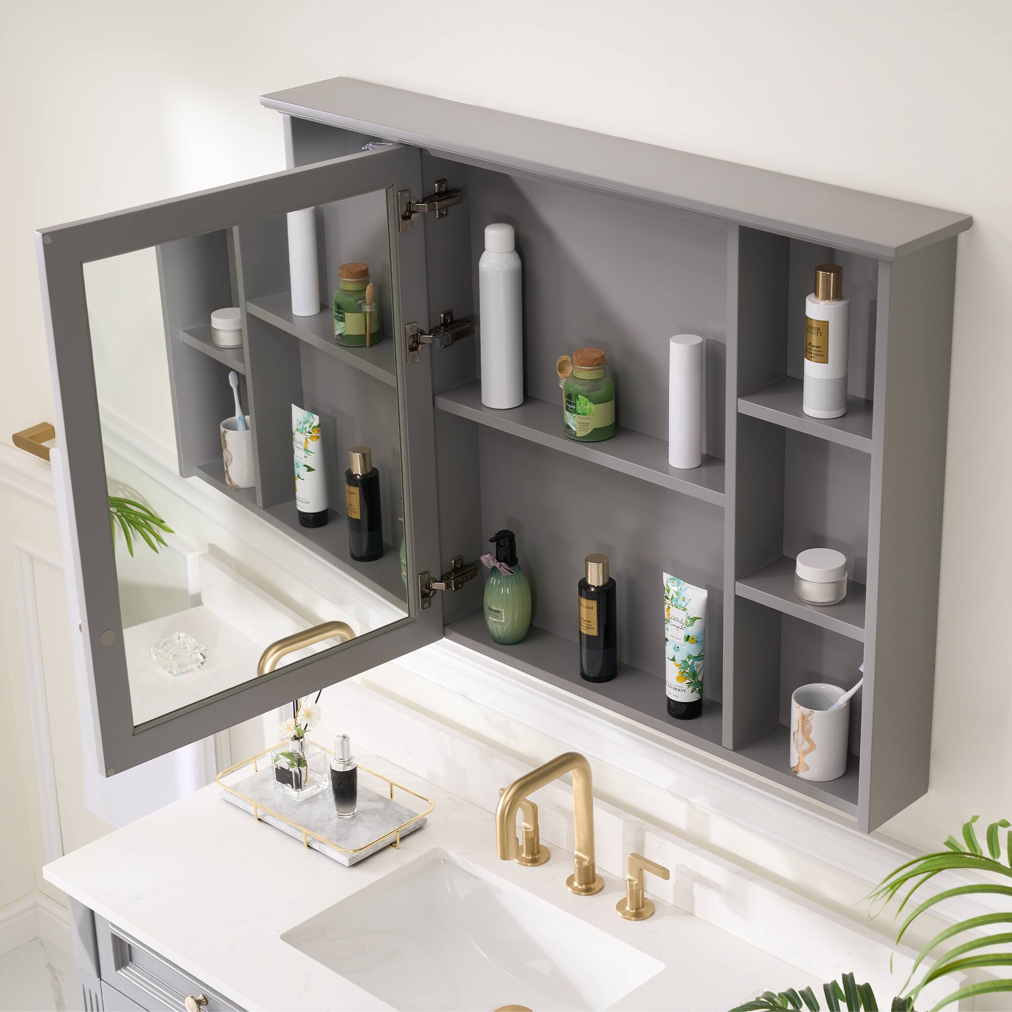 Back. WELLFOR - 42 in. W x 30 in. H Rectangular Solid Wood Frame Surface Mount Medicine Cabinet with Mirror and Soft Close Door - Gray.