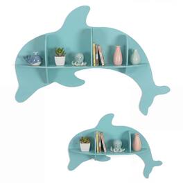 Costway - 2 PCS Floating Dolphin Shelves with Compartments Cute Corner Bookshelves for Nursery - Blue