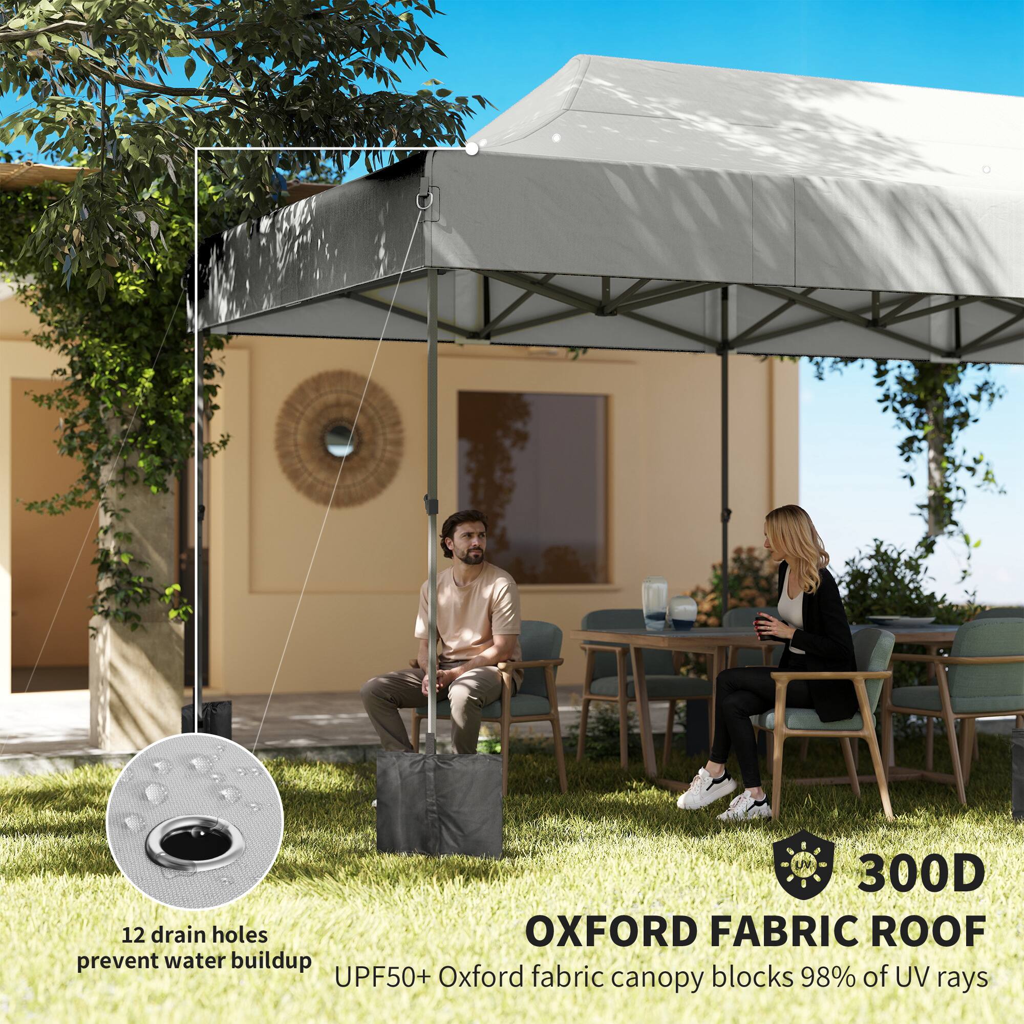 UV 300D 12 drain holes OXFORD FABRIC ROOF  
prevent water buildup  
UPF50+ Oxford fabric canopy blocks 98% of UV rays