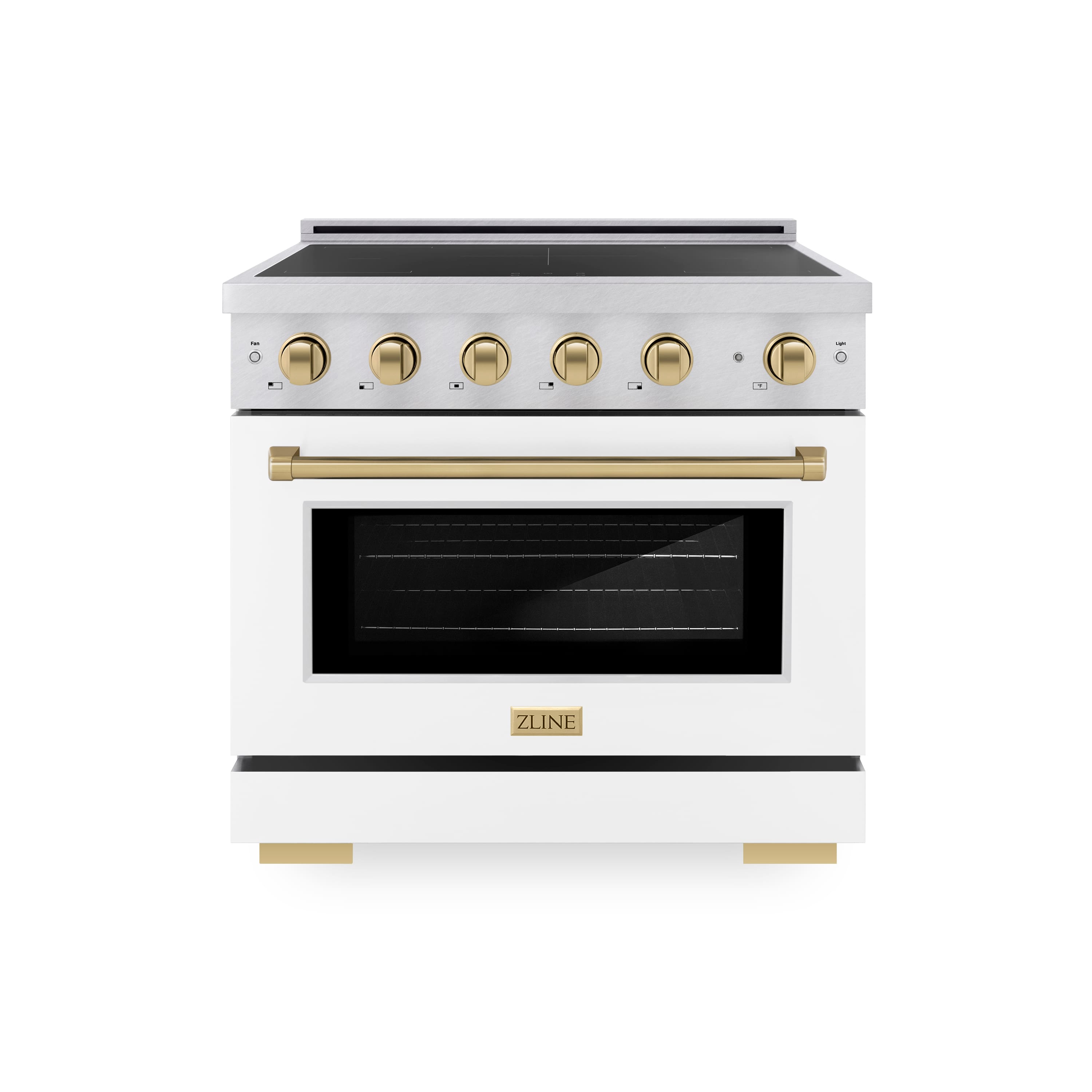 Front. ZLINE - 36 in. Wide 5 Elements Autograph 5.2 Cu.Ft. Paramount Freestanding Induction Range with Bronze Accents & White Door - Matte White.