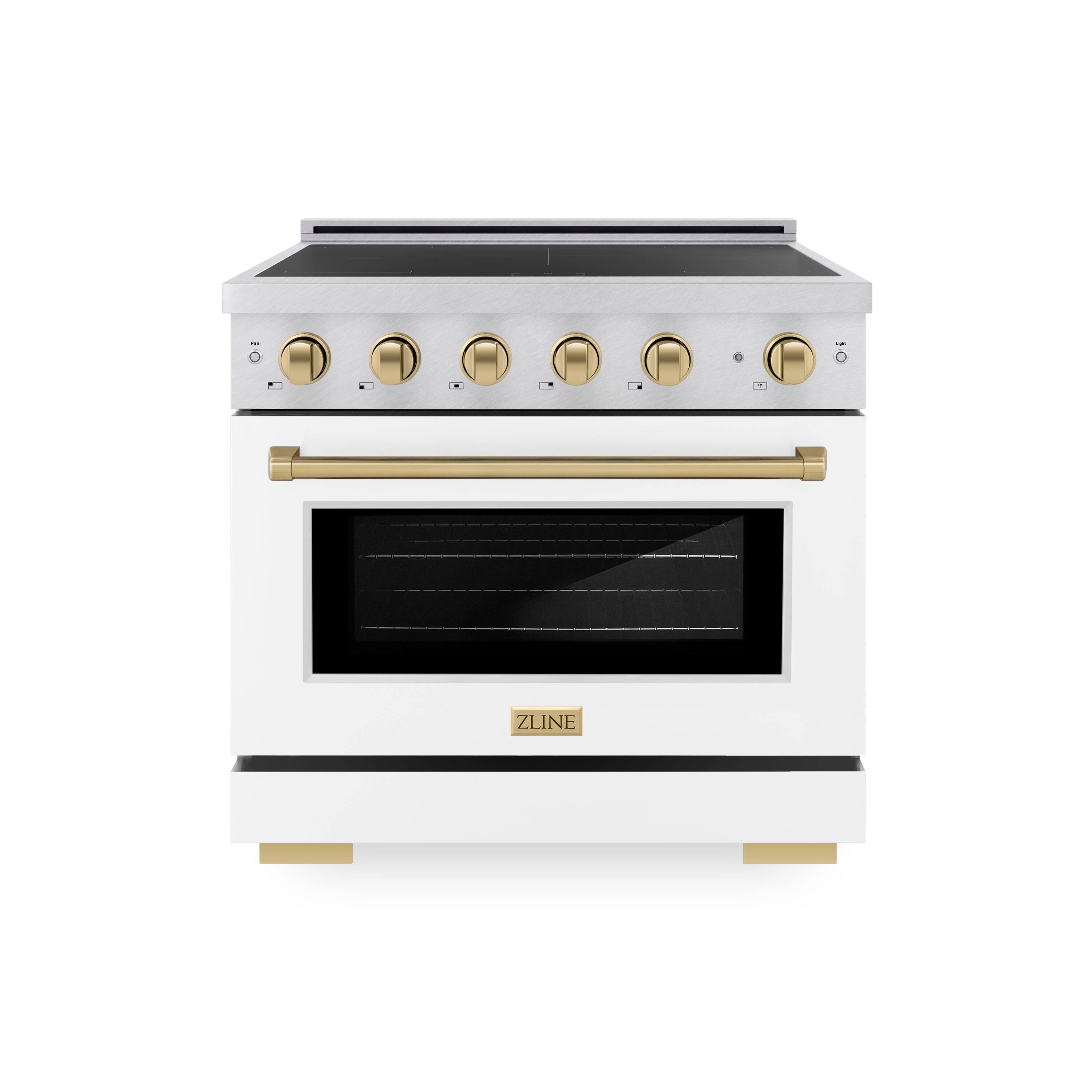 Front. ZLINE - Autograph 36 in. 5.2 cu. ft. Paramount Freestanding Induction Range in Satin Steel with Bronze Accents & White Door - Matte White.