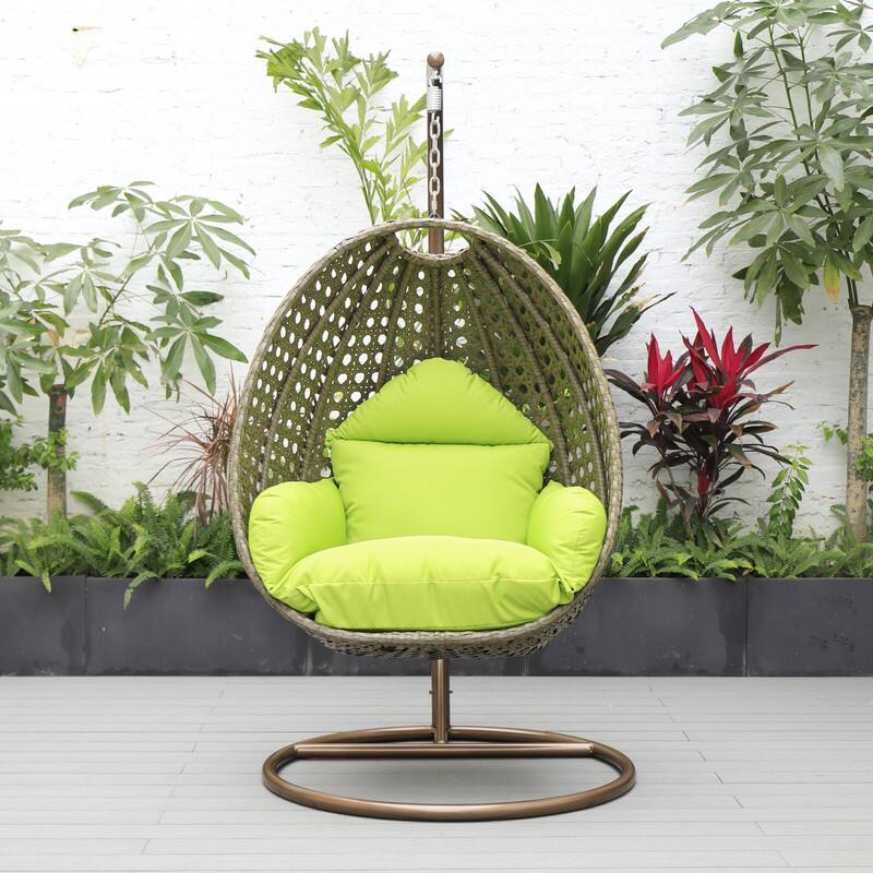 Back. LeisureMod - LeisureMod Beige Wicker Hanging Egg Chair with Iron Stand & Cushion - All-Weather Single Outdoor Patio Swing - Light Green.