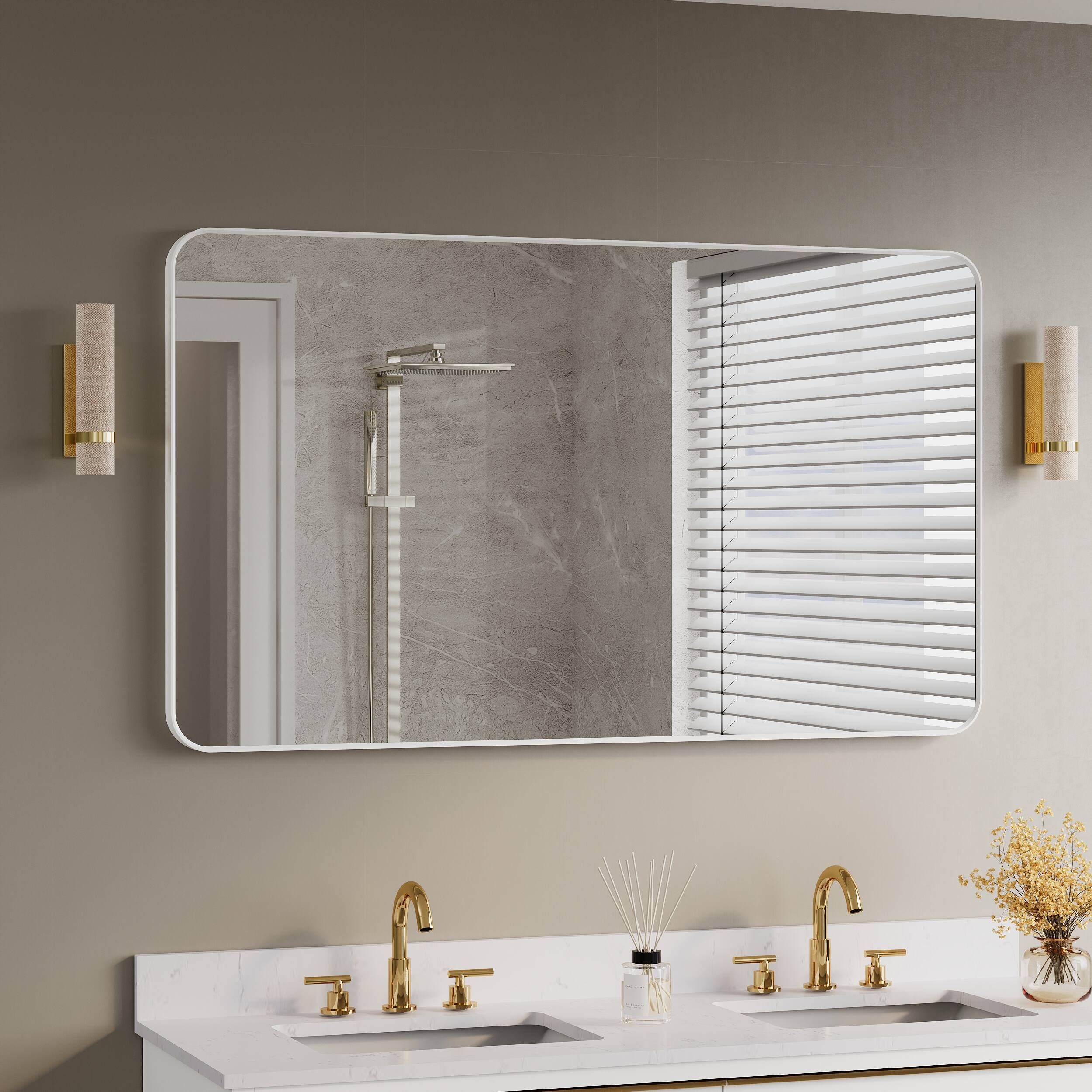 Back. WELLFOR - 60 in. W. x 28 in. H Rectangular Aluminum Framed Wall-Mounted Bathroom Vanity Mirror - White.