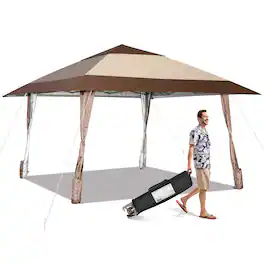 Costway - 13'x13' Patio Pop-Up Gazebo Canopy Tent Portable Instant Sun Shelter Coffee - Brown