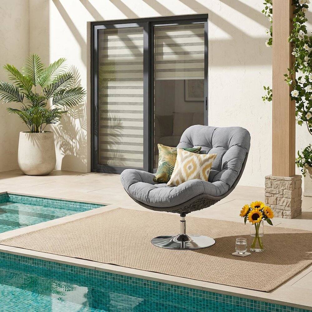 Angle. Outdoor Escape - Wicker Rattan Outdoor Patio Swivel Lounge Chair With Cushioned Seat - Gray.