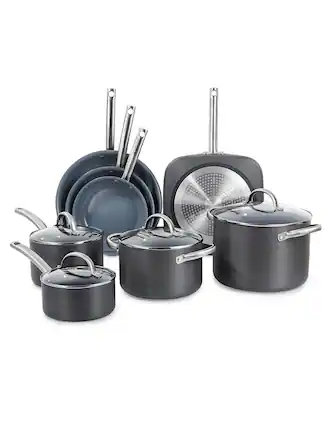 Front. Black+Decker - BLACK+DECKER 12-Piece Ceramic Hard Anodized Aluminum Cookware Set with Ceramic Non-Stick Coating, Gray - Gray.