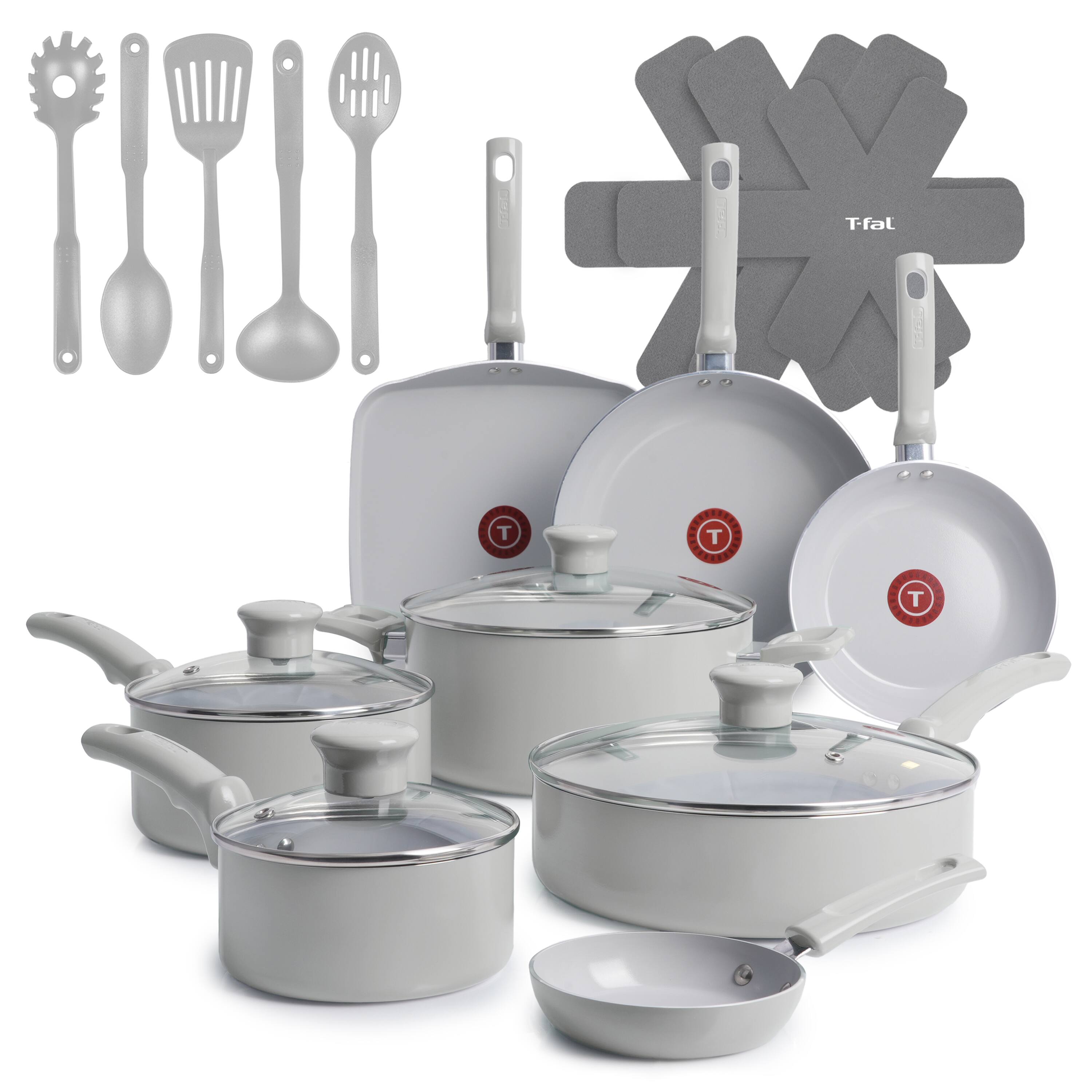Front. T-Fal - T-fal 20-Piece Ceramic Nonstick Pots and Pans Cookware Set. Moon Grey - Moon Gray.