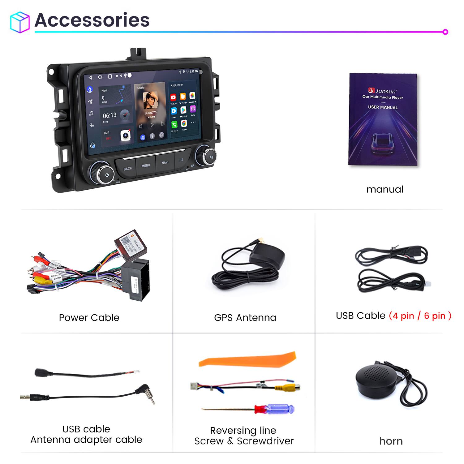 Accessories

- Manual
- Power Cable
- GPS Antenna
- USB Cable (4 pin / 6 pin)
- USB Cable
- Antenna adapter cable
- Reversing line
- Screw & Screwdriver
- Horn