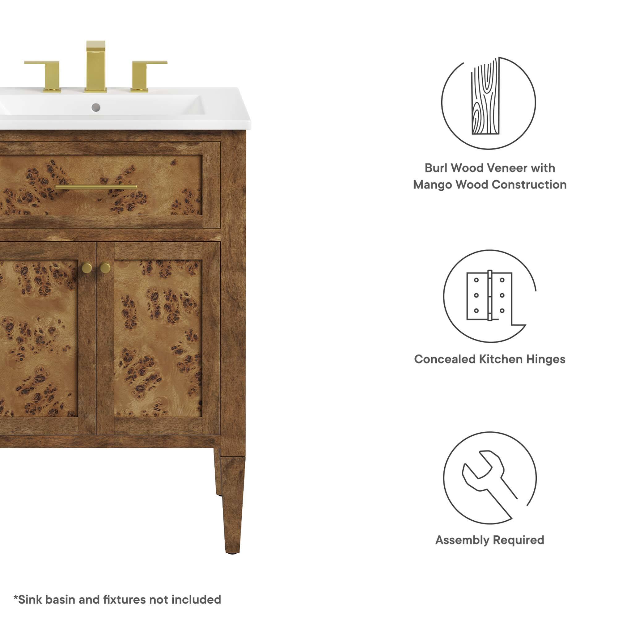 Burl Wood Veneer with Mango Wood Construction  
Concealed Kitchen Hinges  
Assembly Required  

*Sink basin and fixtures not included