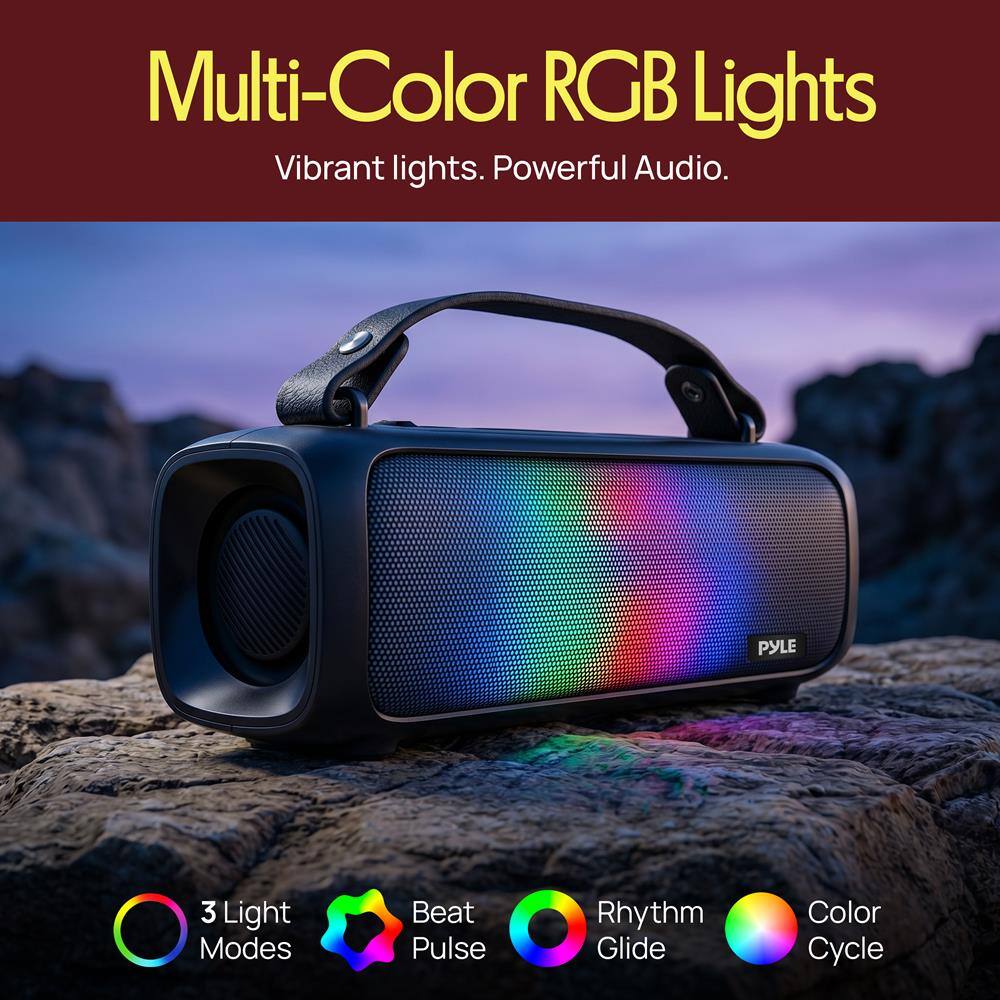 Multi-Color RGB Lights  
Vibrant lights. Powerful Audio.  

PYLE  
3 Light Modes  
Beat Pulse  
Rhythm Glide  
Color Cycle
