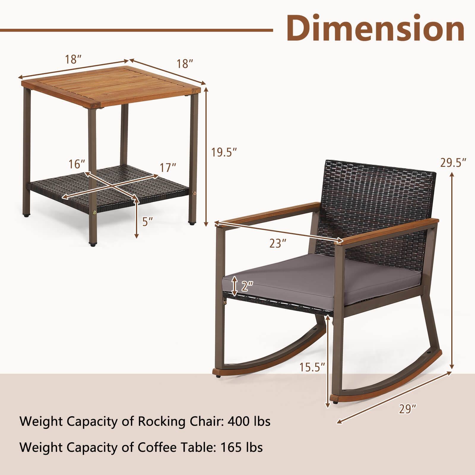 **Dimension**

- Table: 18" x 18" x 19.5" (H)
- Shelf: 16" x 17" x 5" (H)
- Rocking Chair: 23" x 15.5" x 29" (H)
- Height: 29.5"

**Weight Capacity**

- Rocking Chair: 400 lbs
- Coffee Table: 165 lbs