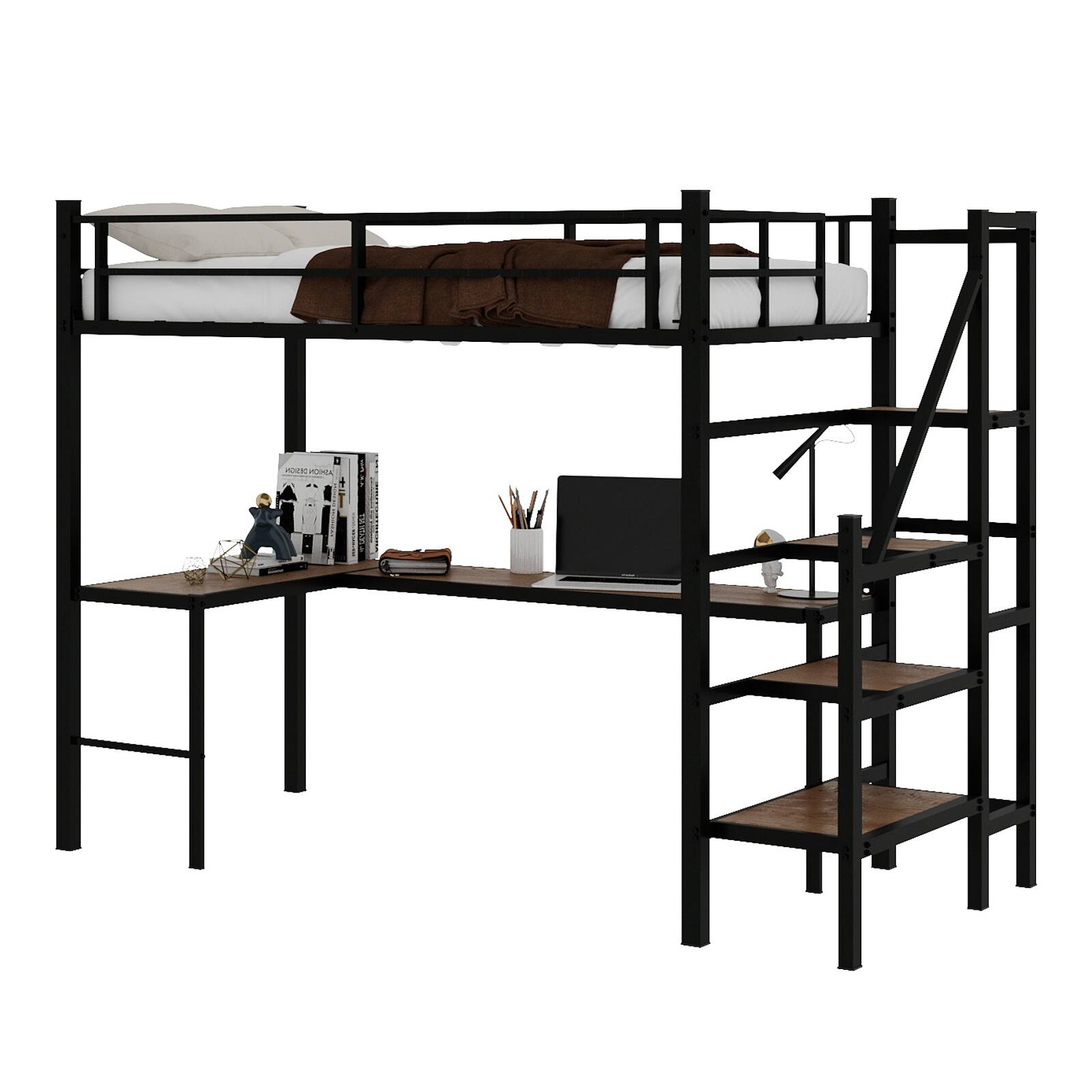 Alt View 8. Loheer - Loheer Twin Loft Bed with L Shaped Desk and Storage Stairs Sturdy Space Saving Frame No Box Spring Needed - Black.