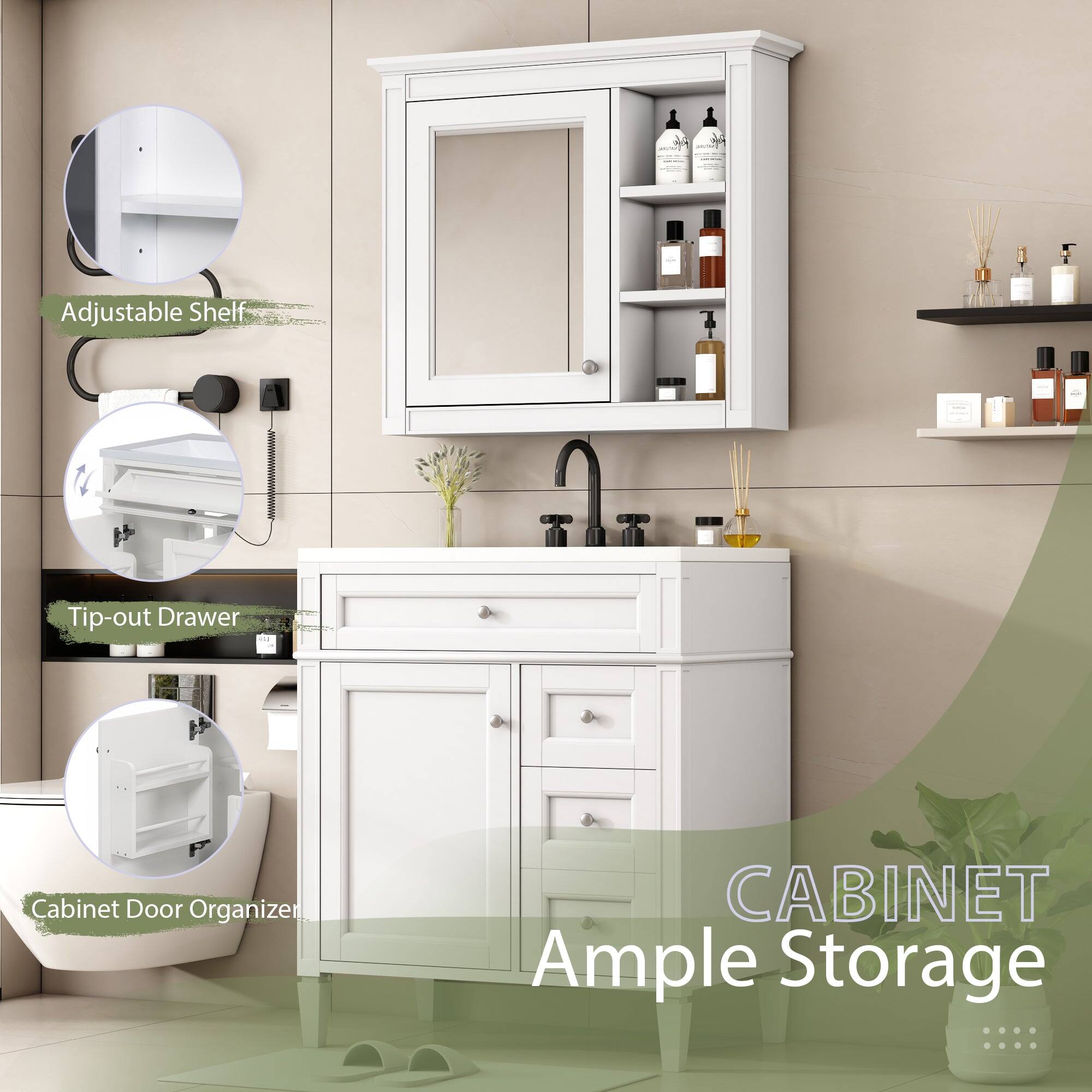 - Adjustable Shelf
- Tip-out Drawer
- Cabinet Door Organizer
- Ample Storage