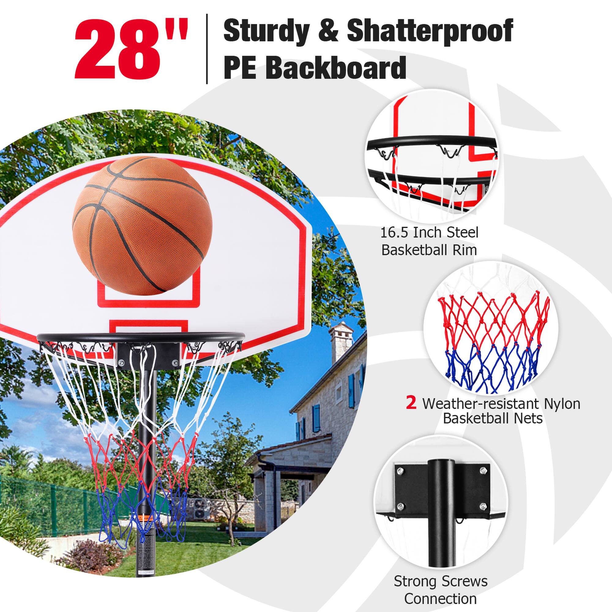 28"  
Sturdy & Shatterproof PE Backboard  

16.5 Inch Steel Basketball Rim  

2 Weather-resistant Nylon Basketball Nets  

Strong Screws Connection