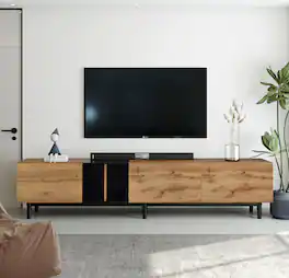 Spaco - Modern TV Stand for 80 Inch TVs, 3 Door Media Console, Large Storage Cabinet, for Living Room and Bedroom - Natural Wood