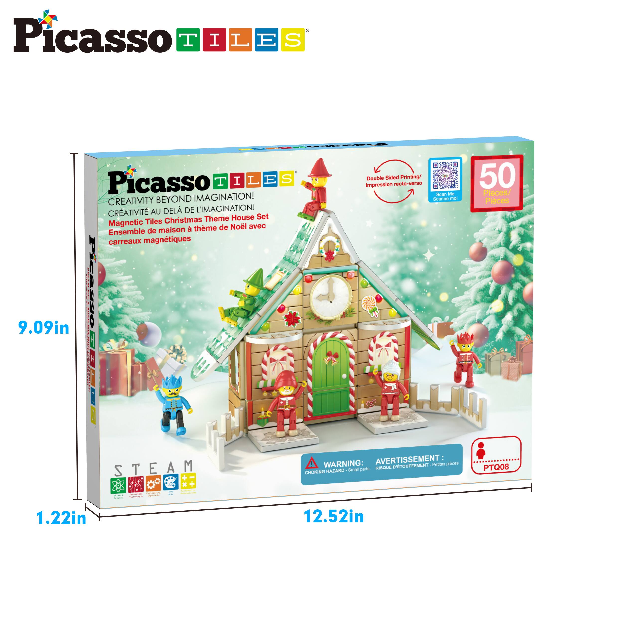 Picasso TILES  
Creativity Beyond Imagination!  
Créativité Au-Delà De L'Imagination!  

Magnetic Tiles Christmas Theme House Set  
Ensemble de maison à thème de Noël avec carreaux magnétiques  

Double Sided Printing  
Impression recto verso  

50 Pieces  
50 Pièces  

Warning: Choking Hazard - Small parts. Not for children under 3 years.  
Avertissement: Risque d'étouffement - Petits pièces. Ne convient pas aux enfants de moins de 3 ans.  

STEAM  

Dimensions:  
9.09in x 12.52in x 1.22in