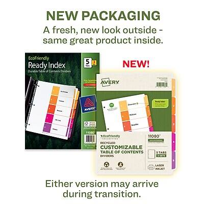 NEW PACKAGING  
A fresh, new look outside - same great product inside.

EcoFriendly Ready Index  
Double Sided Table of Contents Dividers

NEW!  
AVERY 11080  
EcoFriendly  
RECYCLED  
CUSTOMIZABLE  
TABLE OF CONTENTS  
STABS DIVIDERS  
5 SETS  
LASER INKJET

Either version may arrive during transition.