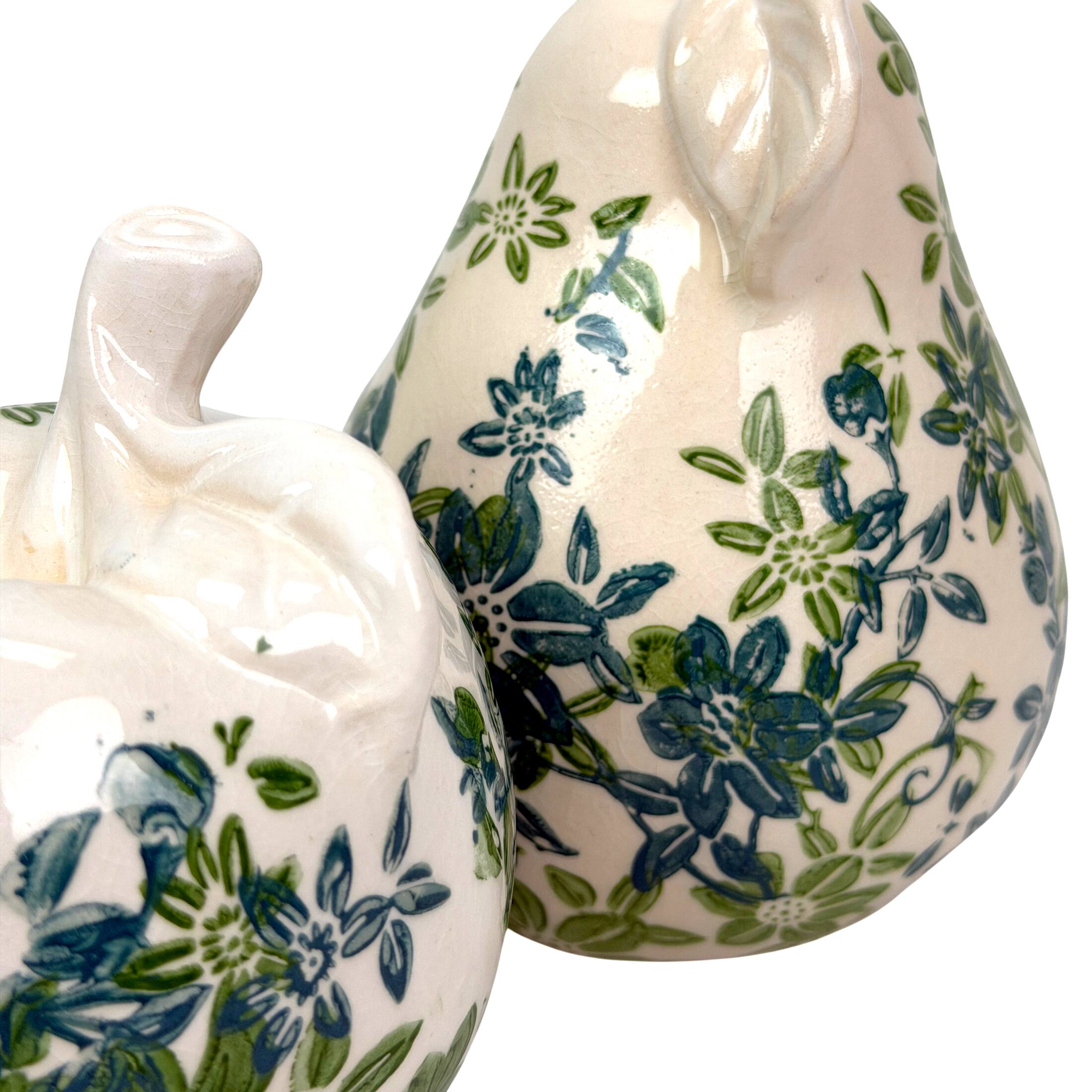 Alt View 9. Things2Die4 - Blue Green Floral Ceramic Fruit Figurines Apple and Pear Set 6.25 Inch - Green.