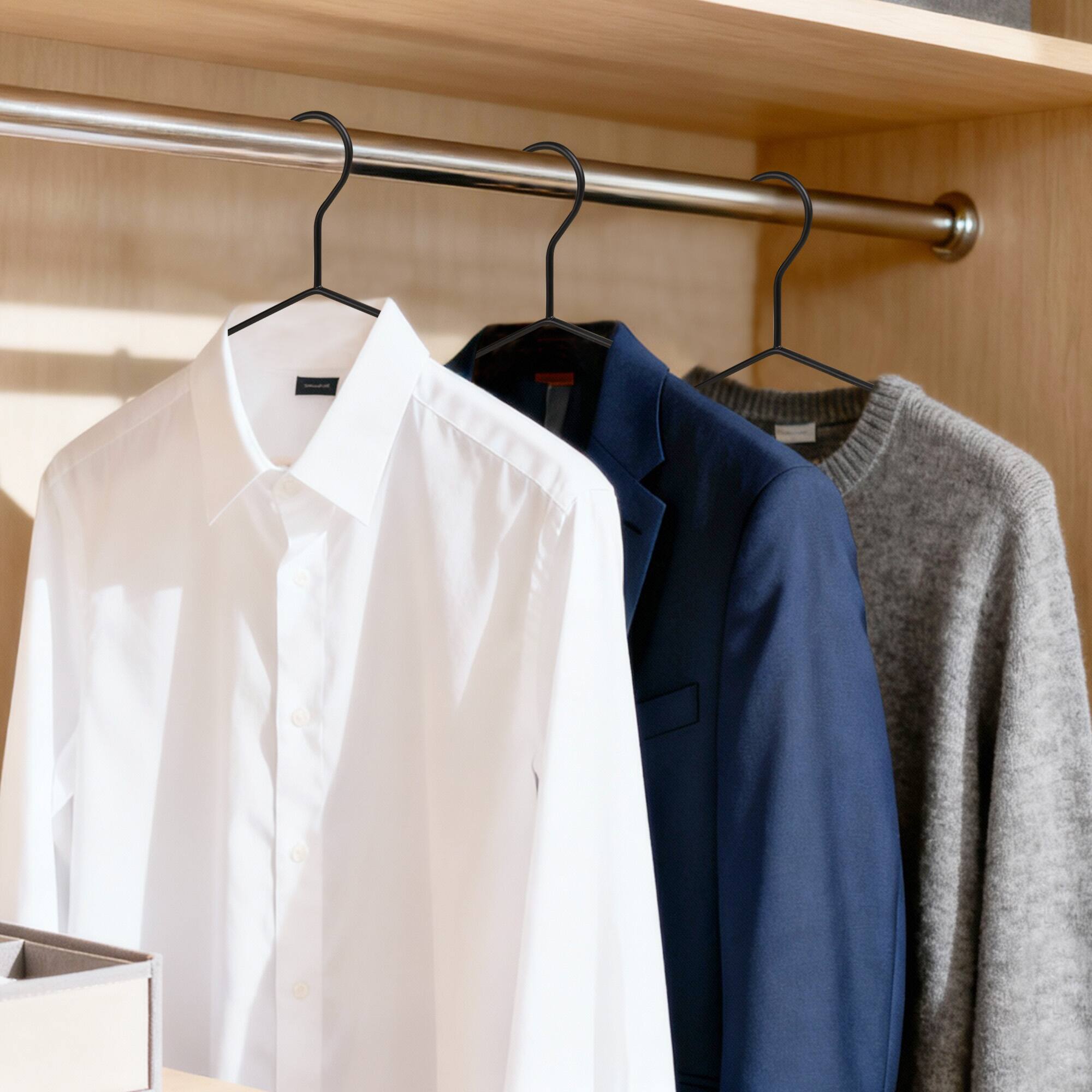 Alt View 2. BP4U - 12-Pack Heavy Duty Metal Wide Shoulder Suit Hangers, Welded Coat Hangers with Beech Wood Pants Bar(Black) - Black/Walnut.