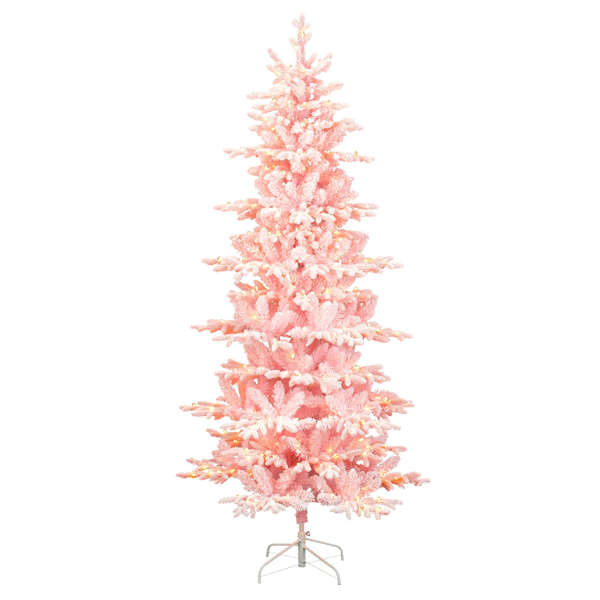 Angle. Glitzhome - 7.5ft Deluxe Pre-Lit Flocked Slim Fir Artificial Christmas Tree with 360 Lights - Pink.