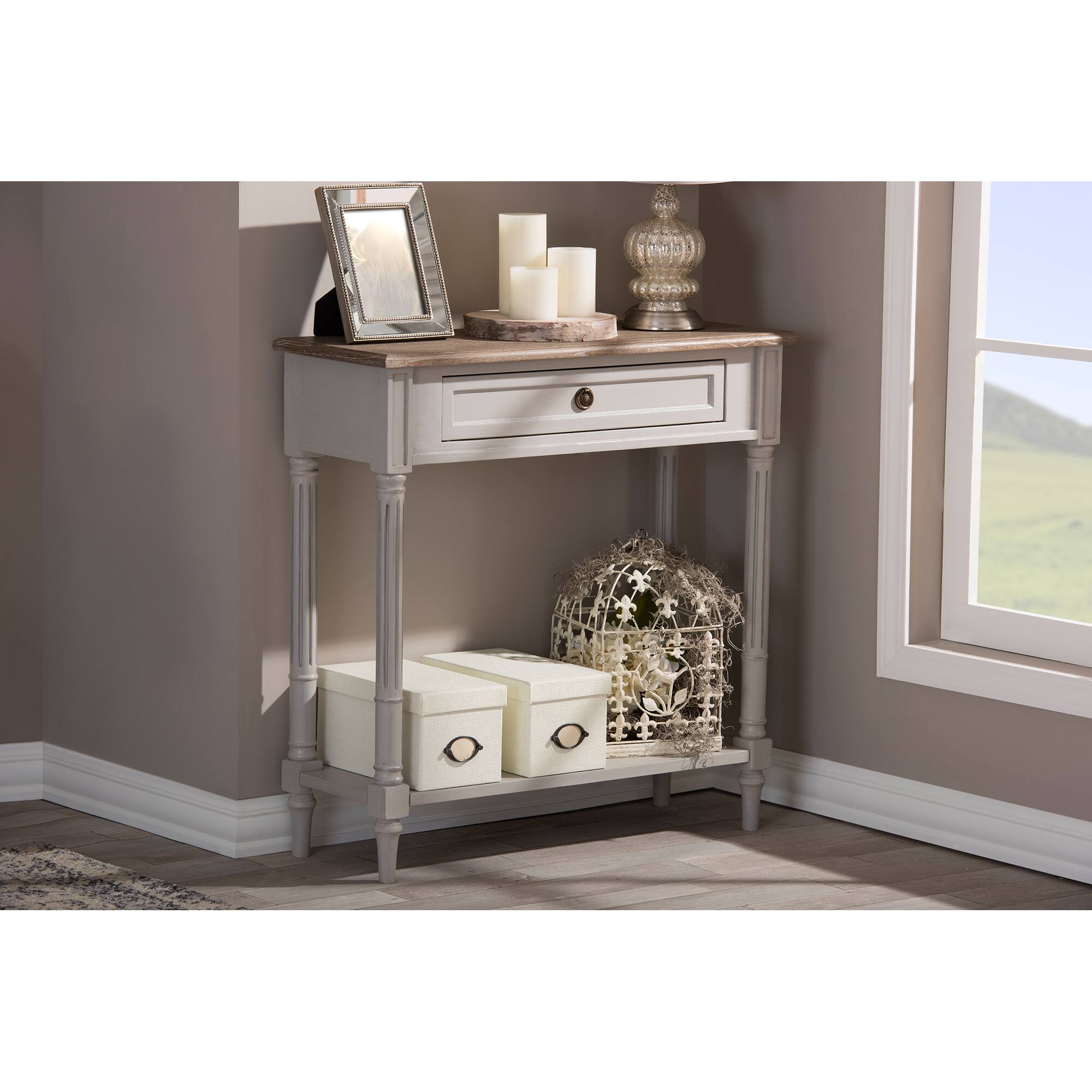 Back. Baxton Studio - Edouard French Provincial Style Distressed Two-tone 1-drawer Console Table - White/Light Brown.